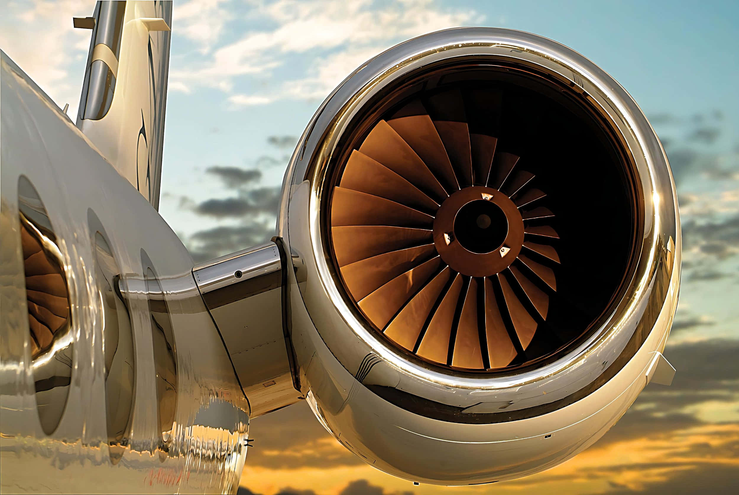 Jet Engine 桌布 壁紙 — 噴射引擎特寫，在柔和雲朵的夕陽天空下溫暖發光。