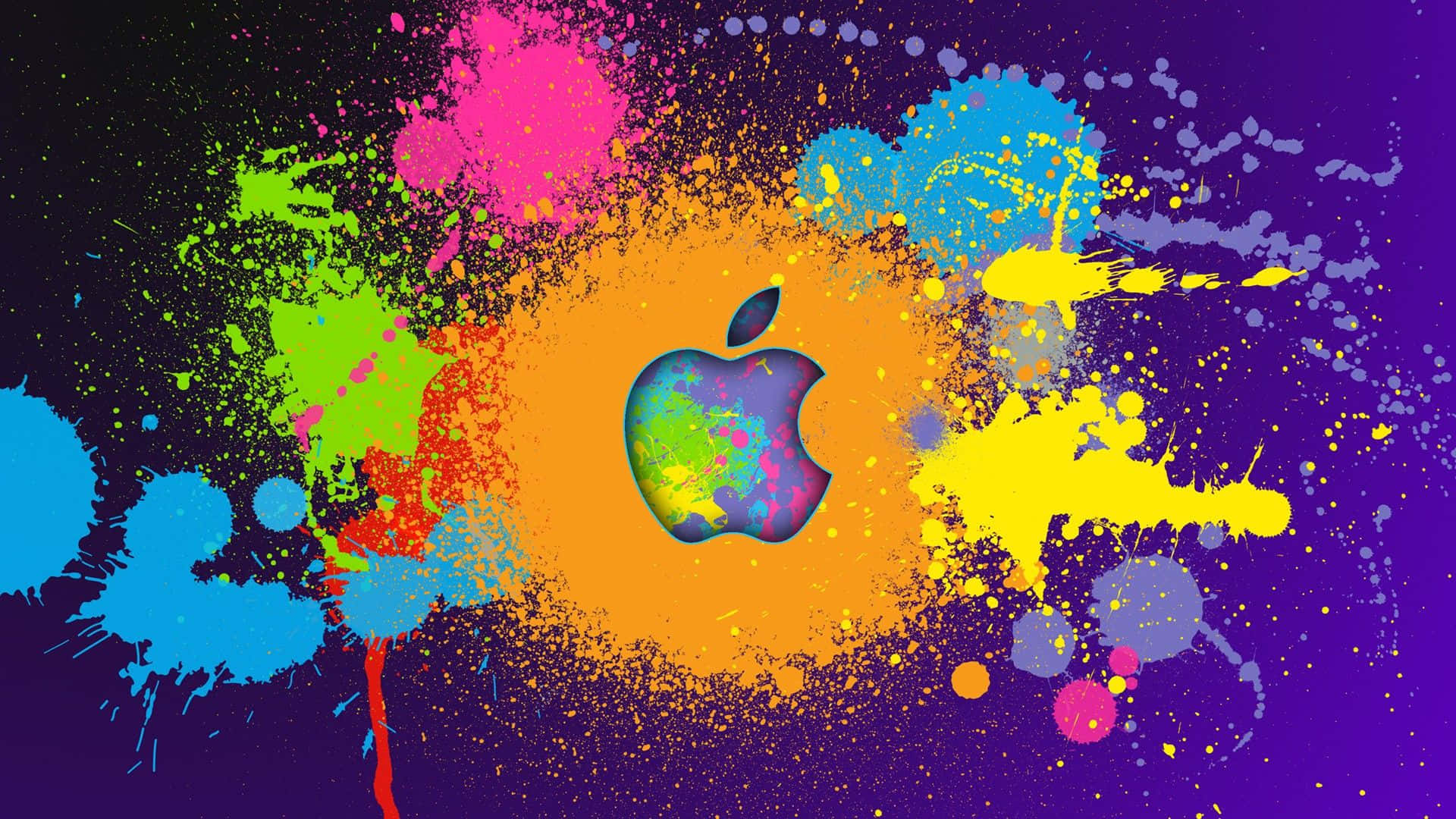 彩色油漆飛濺圍繞著一個風格化的Apple標誌在紫色背景上。
