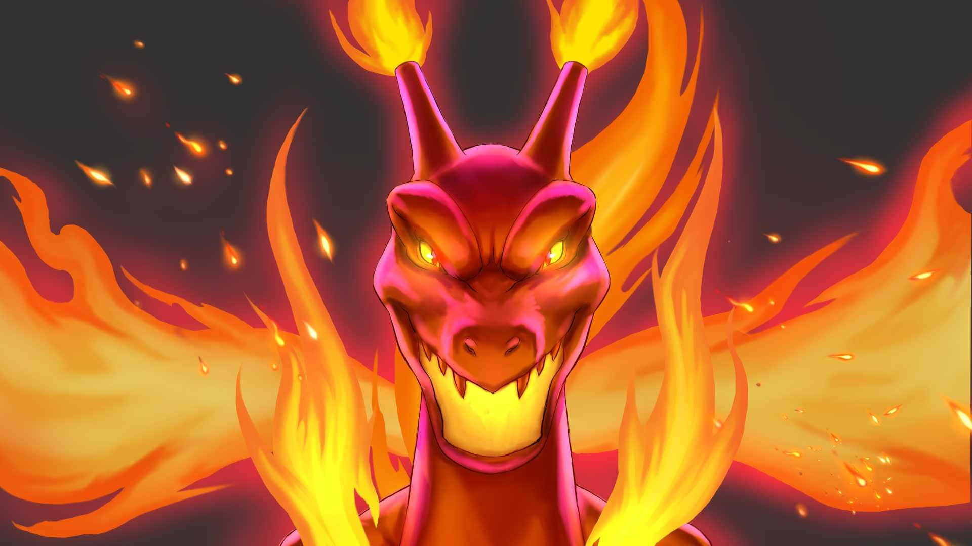 噴火龍——傳奇火屬性寶可夢 壁紙 — 一條兇猛的紅色巨龍，有著發光的黃色眼睛和火焰般的角，在黑暗背景中旋轉的火焰中咆哮。