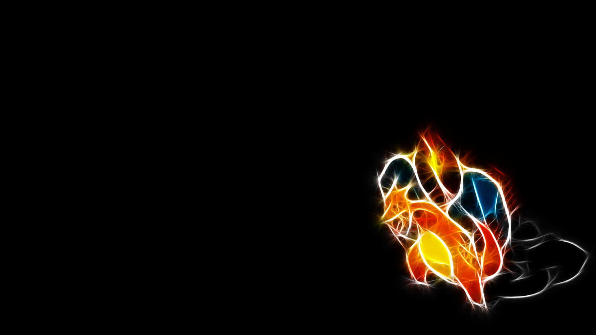 噴火龍，火屬性寶可夢 壁紙 — 充滿活力的抽象分形火焰，以橙色、黃色和藍色光芒在純黑背景上閃耀。