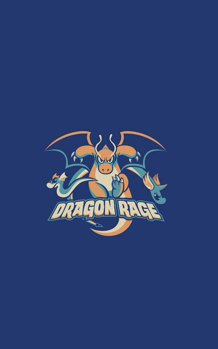噴火龍龍怒 iPhone 壁紙 — 一個風格化的龍標誌，包含三條龍和文字 dragon rage，背景為純藍色。