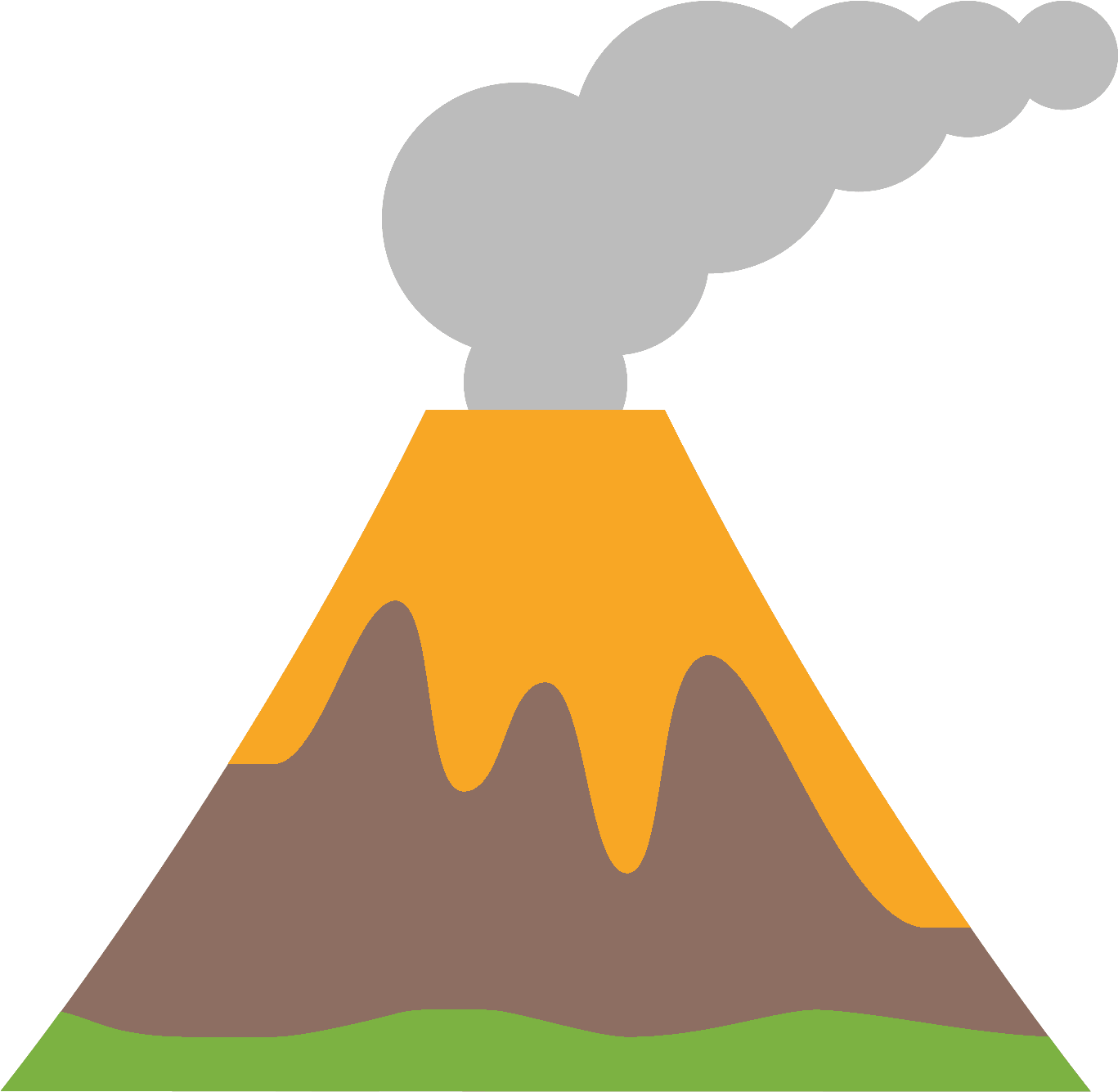 噴發火山向量圖 壁紙 — 一個風格化的卡通火山在黑色背景上噴出灰色煙霧，熔岩沿著橙色斜坡流過棕色和綠色的地形。