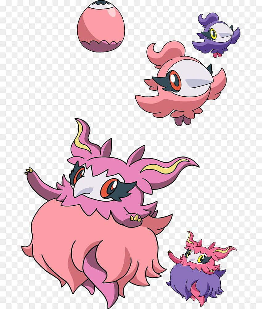 五隻粉紅色和紫色的 Pokémon 角色以不同的進化形態一起漂浮。