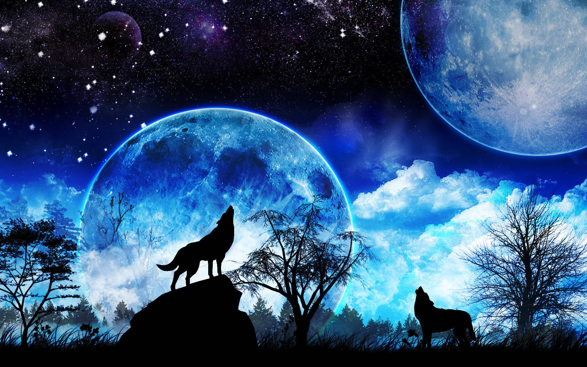 兩隻狼在星空夜空中向兩個大月亮嚎叫，周圍有光禿禿的樹木。