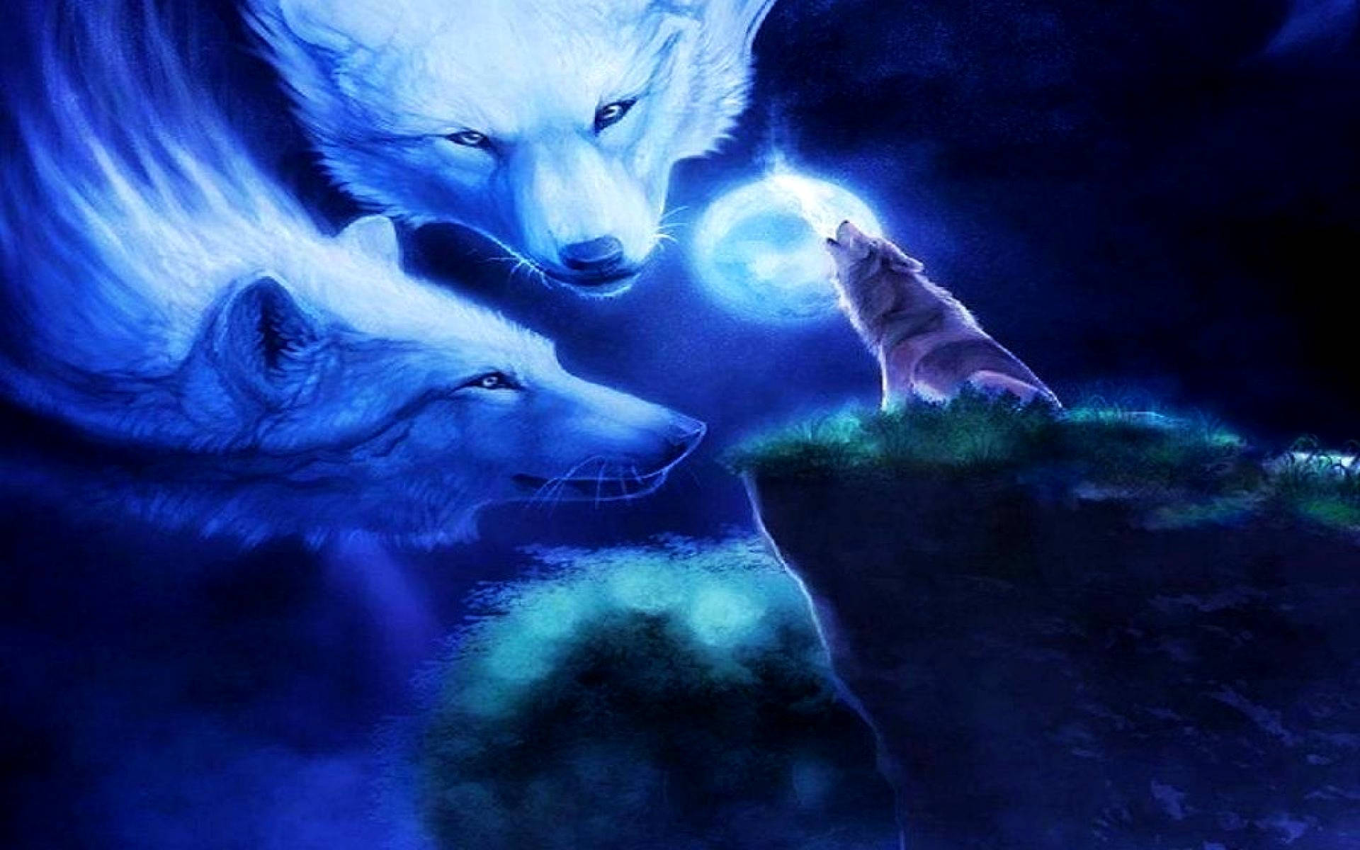 嚎叫的銀河狼群 壁紙 — 兩隻雄偉的白狼凝視著發光的月亮，其中一隻在深藍色夜空下的懸崖邊嚎叫。