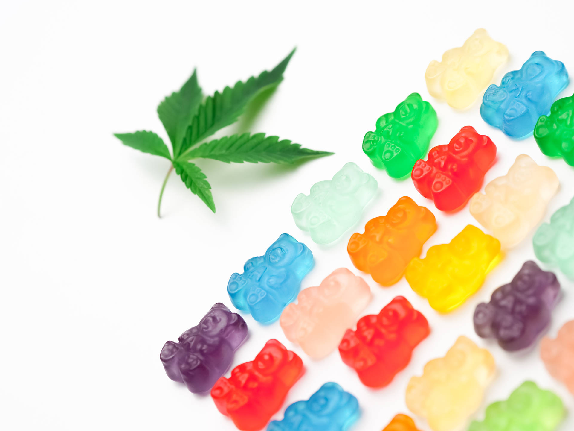 彩色軟糖熊和白色背景上的大麻葉。