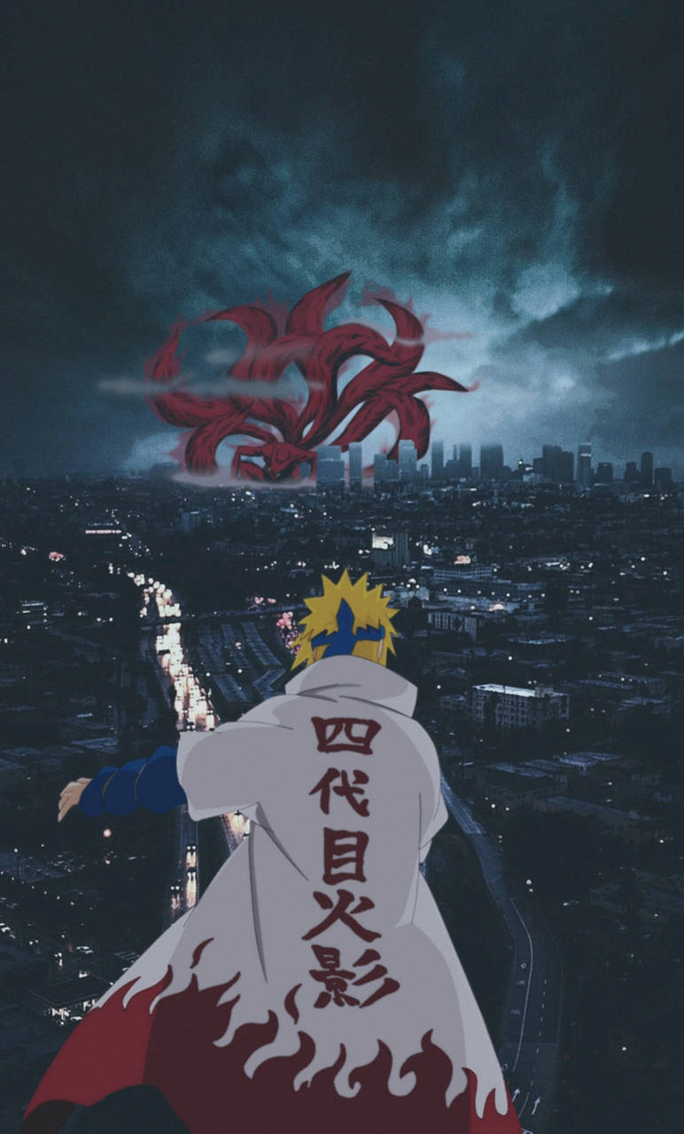 動漫忍者夜晚在城市上空面對巨型紅狐