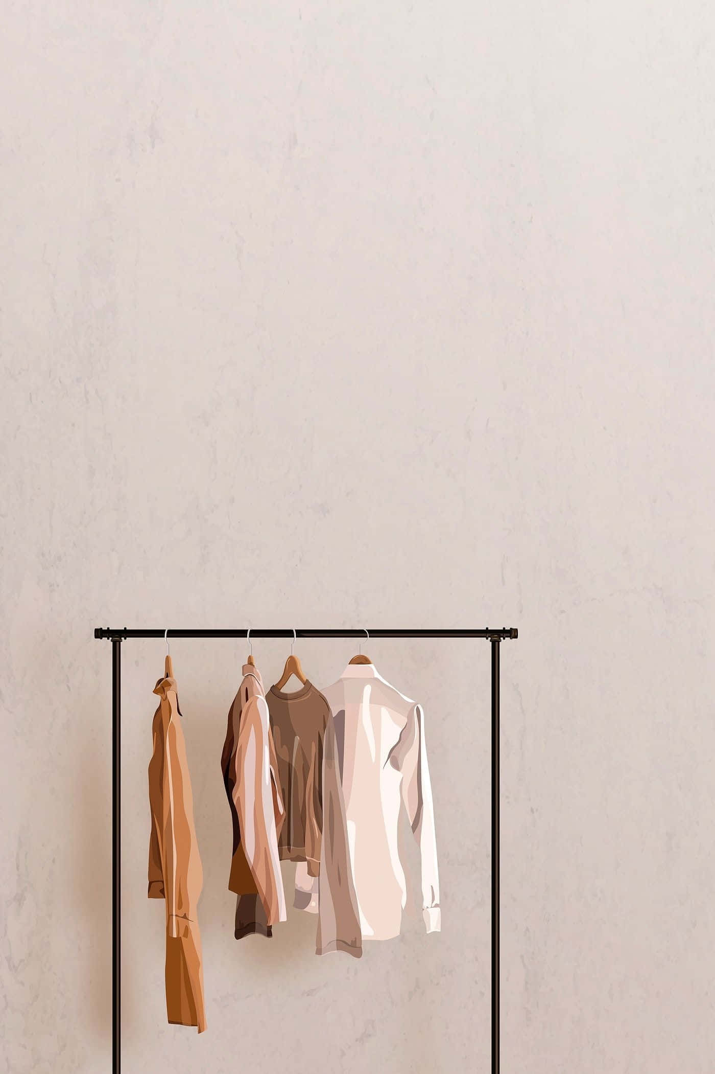 Clothing Design 桌布 壁紙 — 四件大地色調嘅衣物整齊咁掛喺一個簡約黑色衣架上，背景係有紋理嘅米白色牆。