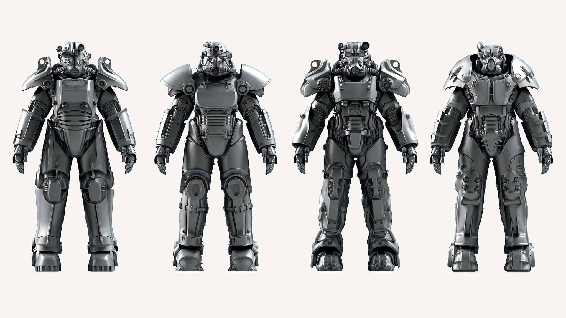 Fallout 4 Power Armor 桌布 壁紙 — 四件相同的灰色動力裝甲服在純色背景前一字排開，展示詳細的未來戰鬥裝備。