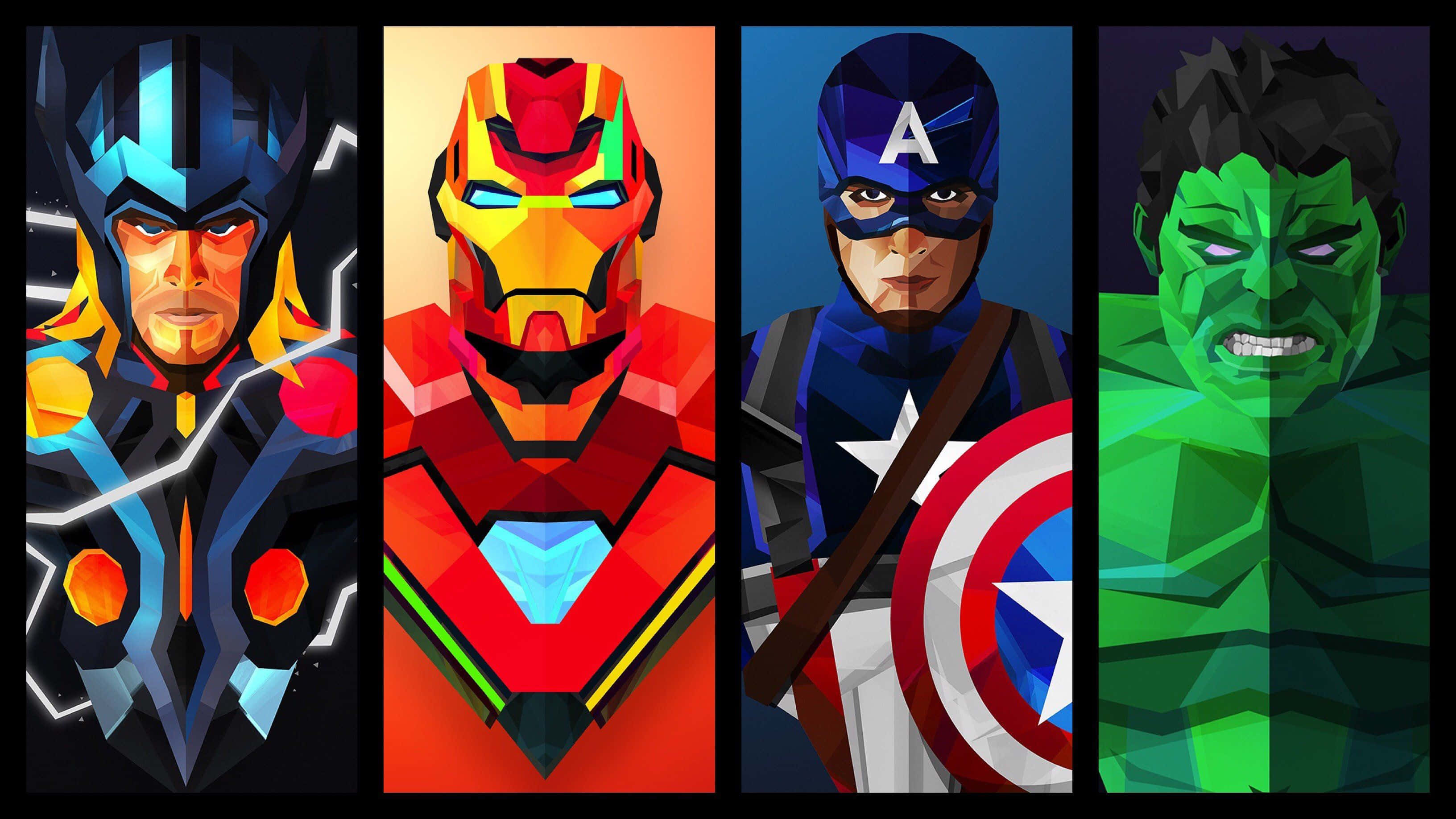 Earth's Mightiest Heroes 桌布 壁紙 — 四位Marvel超級英雄：雷神、鐵甲奇俠、美國隊長和變形俠醫，以大膽的低多邊形數碼藝術風格描繪。