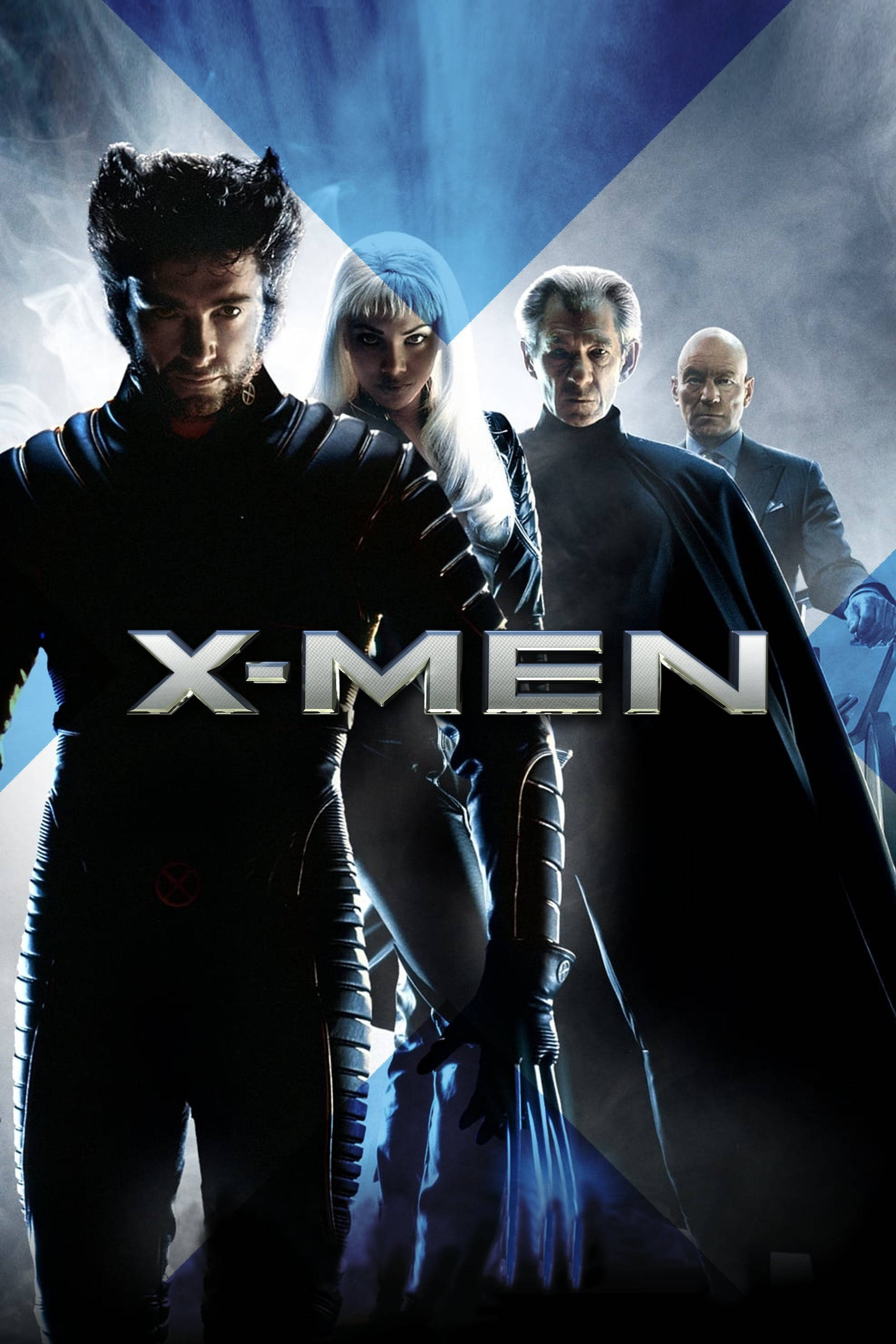 X Men Movie X2 壁紙 — 四位X-Men英雄以戲劇性的姿勢站在發光的藍白幾何背景前，標題X-MEN突出顯示。