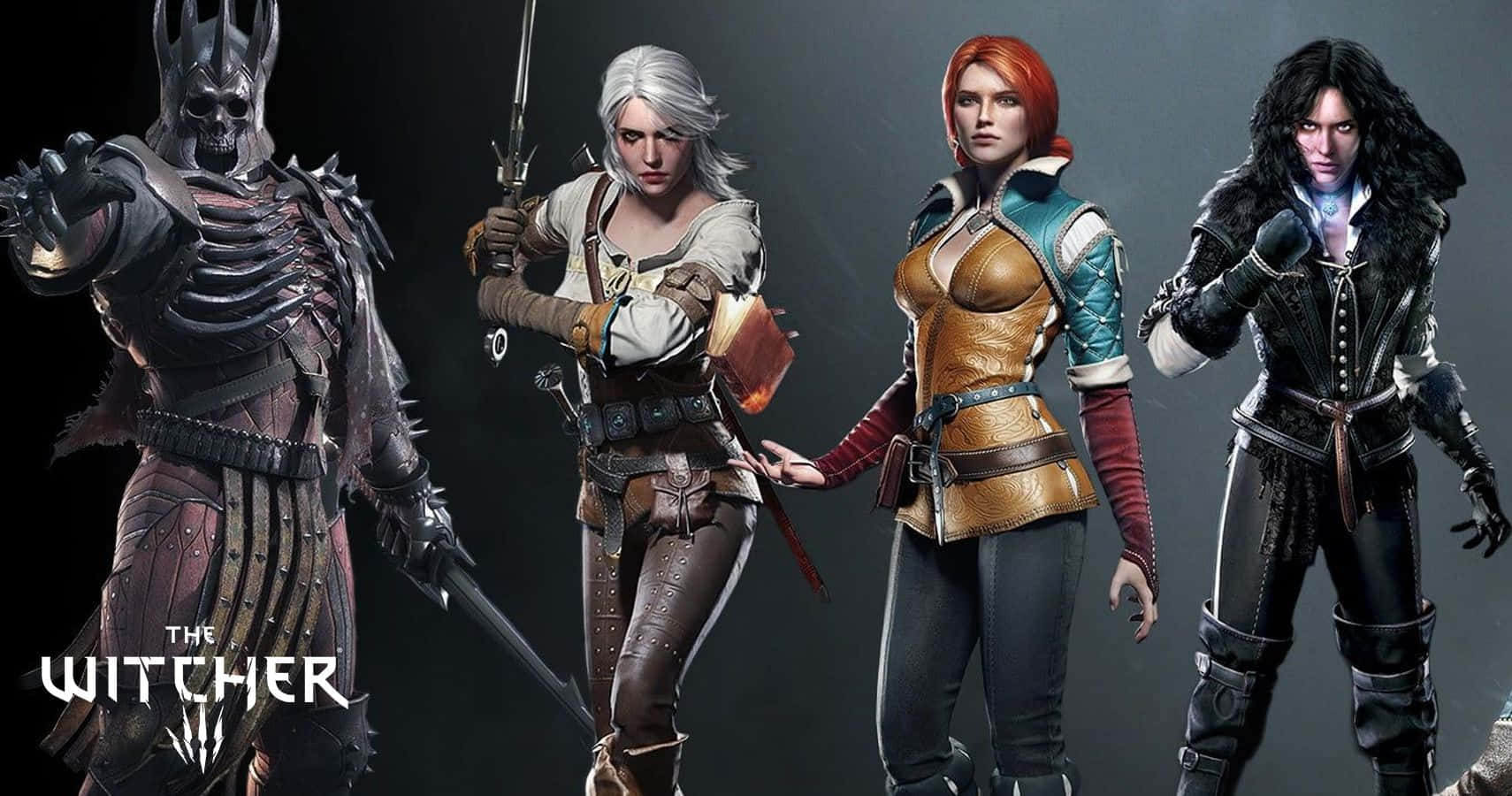 The Witcher Characters 桌布 壁紙 — 四位來自《巫師》的奇幻戰士身著暗色盔甲，在陰影背景前蓄勢待發，散發出強烈的決心。