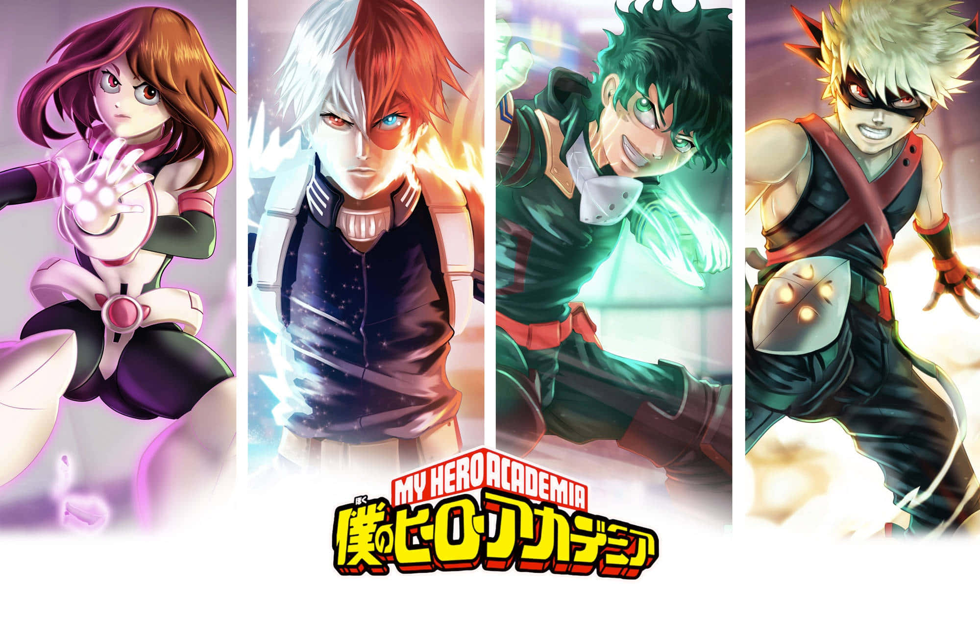 My Hero Academia Aesthetic 桌布 壁紙 — 四位來自《我的英雄學院》的動畫英雄在充滿活力的背景前，以發光的力量動態擺出姿勢。
