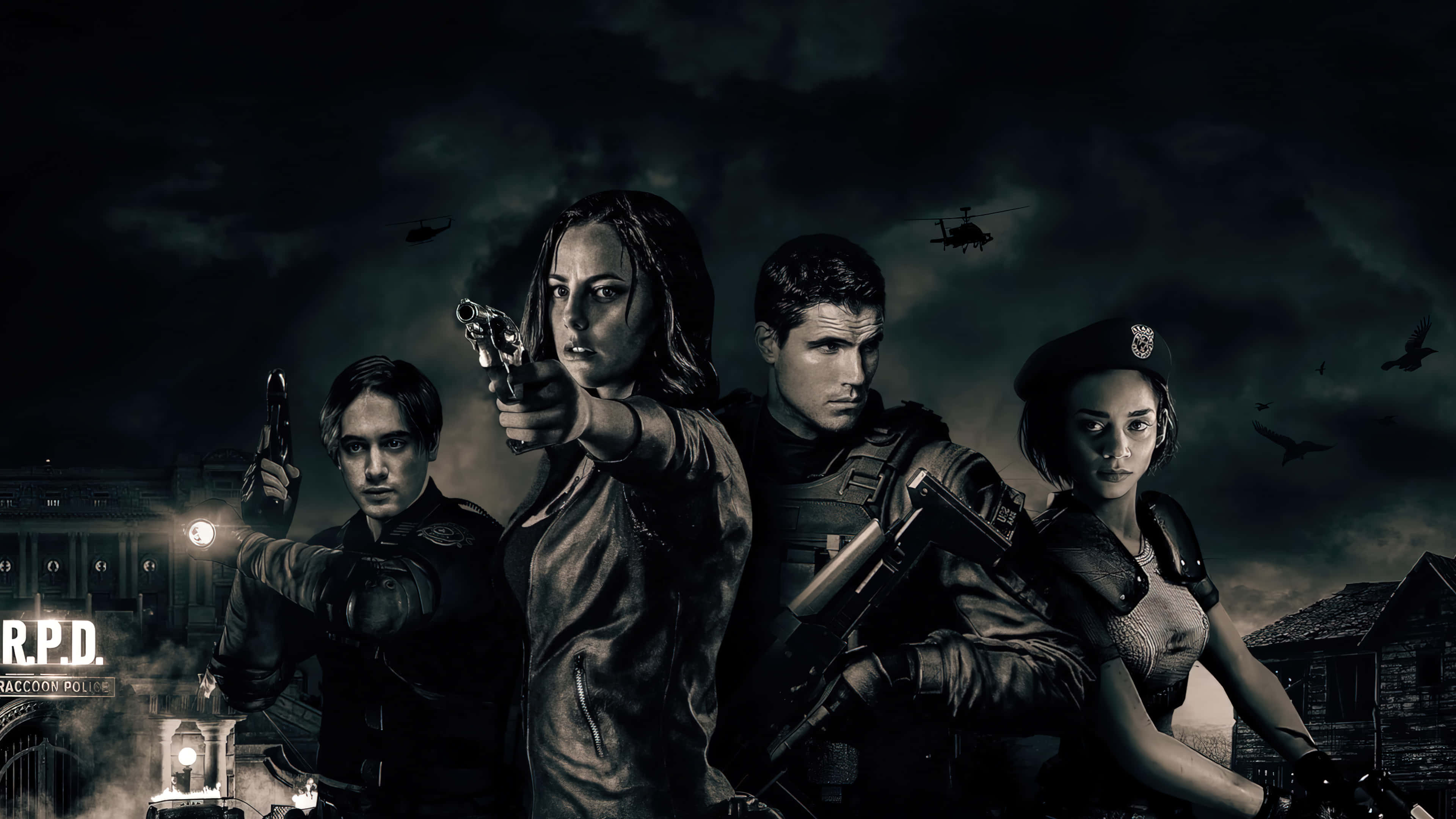 Resident Evil Characters 桌布 壁紙 — 四位來自浣熊市的武裝倖存者在暴風雨夜空中，直升機和鳥類在頭頂飛翔，挑釁地站立著。