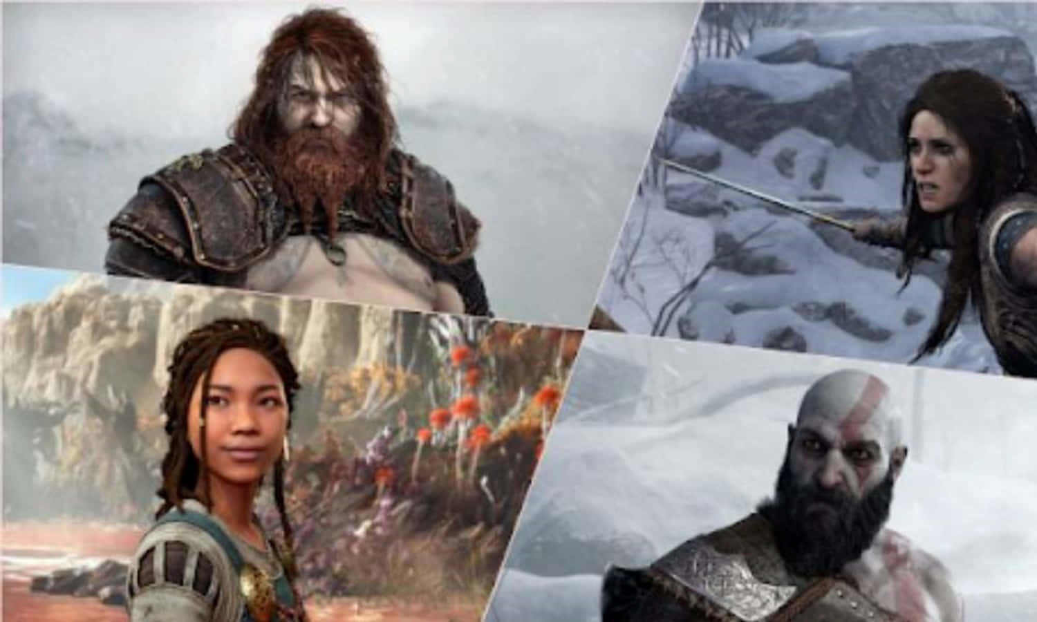 God Of War Characters 桌布 壁紙 — 四位來自電子遊戲的兇猛戰士，站在雪地和岩石景觀中，表情強烈。