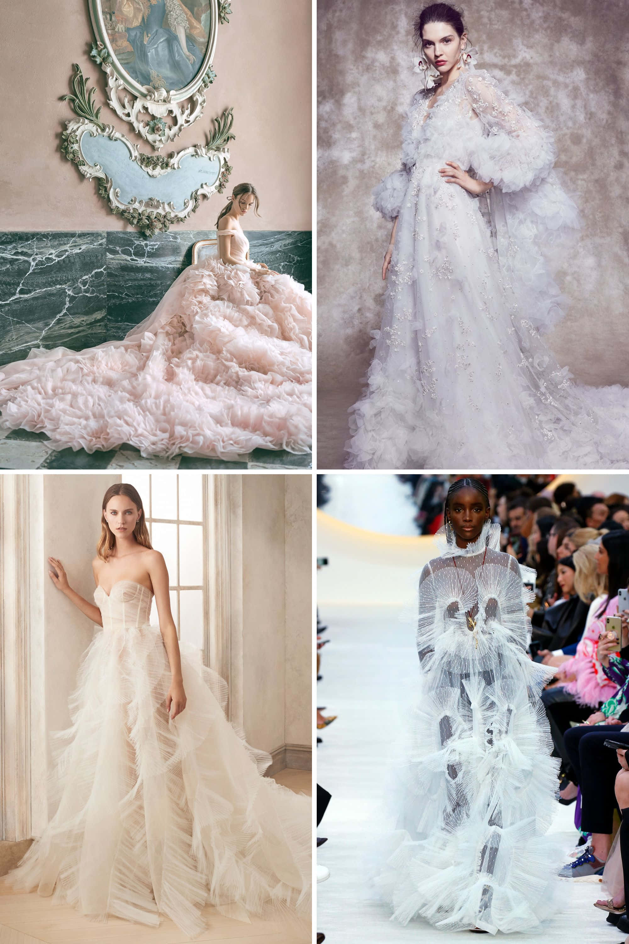 Bride's Dress 桌布 壁紙 — 四位優雅模特兒在華麗室內和天橋上展示奢華白色和淡粉紅禮服。