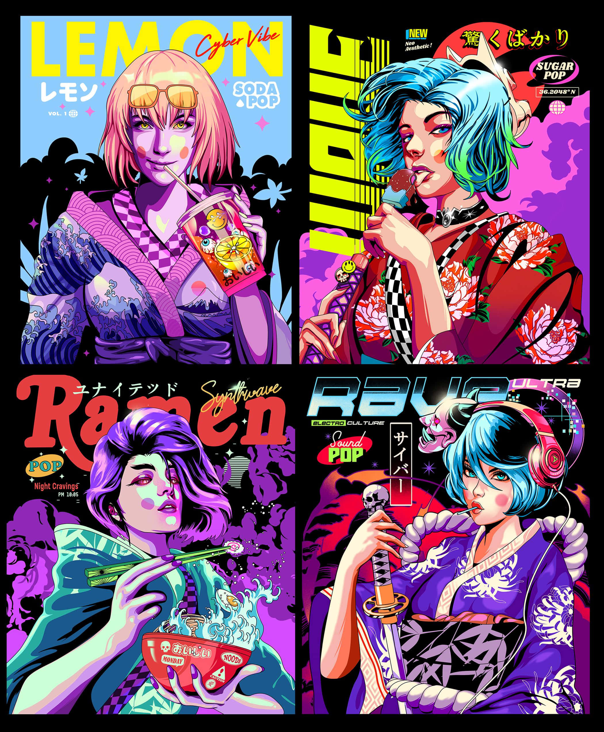 Japanese Pop Art 桌布 壁紙 — 四位充滿活力的動漫風格女性穿著和服，手持飲品和一把劍，背景為霓虹燈，並有粗體文字疊加。