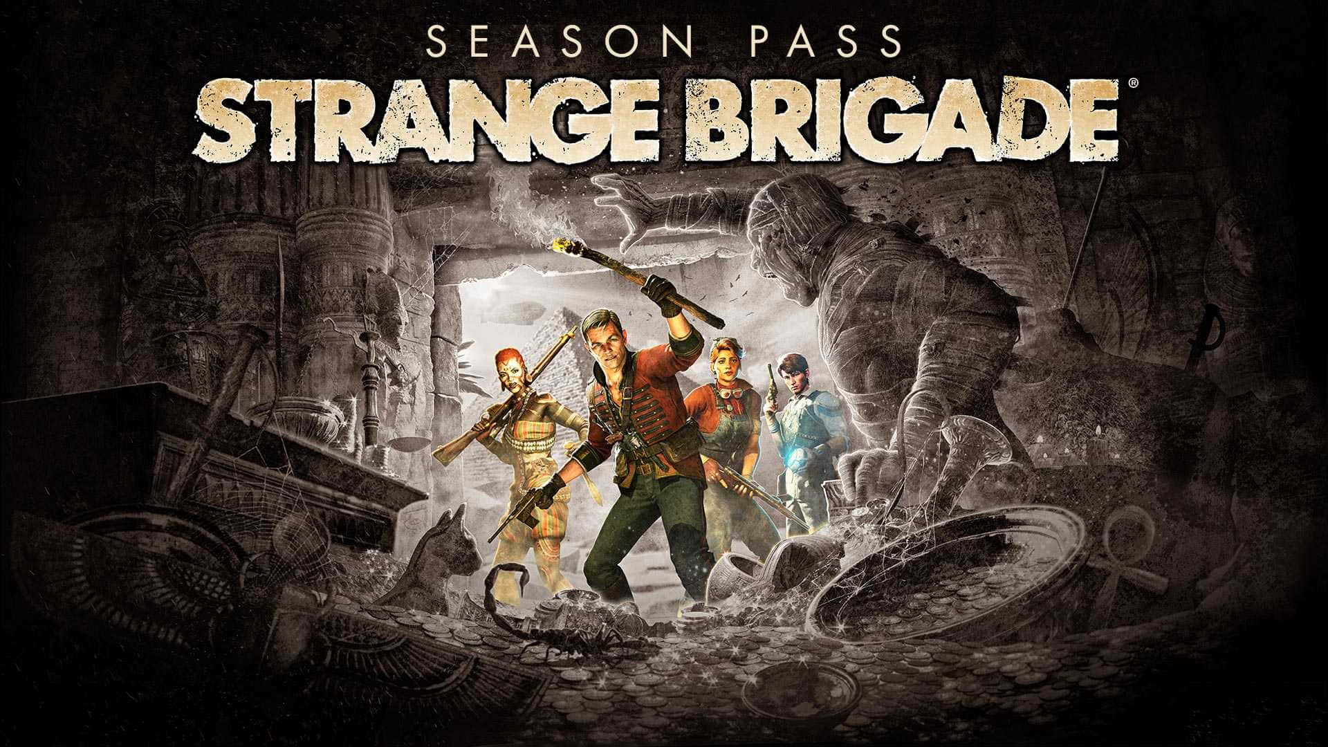 Strange Brigade 桌布 壁紙 — 四位冒險家在充滿埃及文物和發光工藝品的黑暗墓穴中與怪獸般的遠古敵人戰鬥。