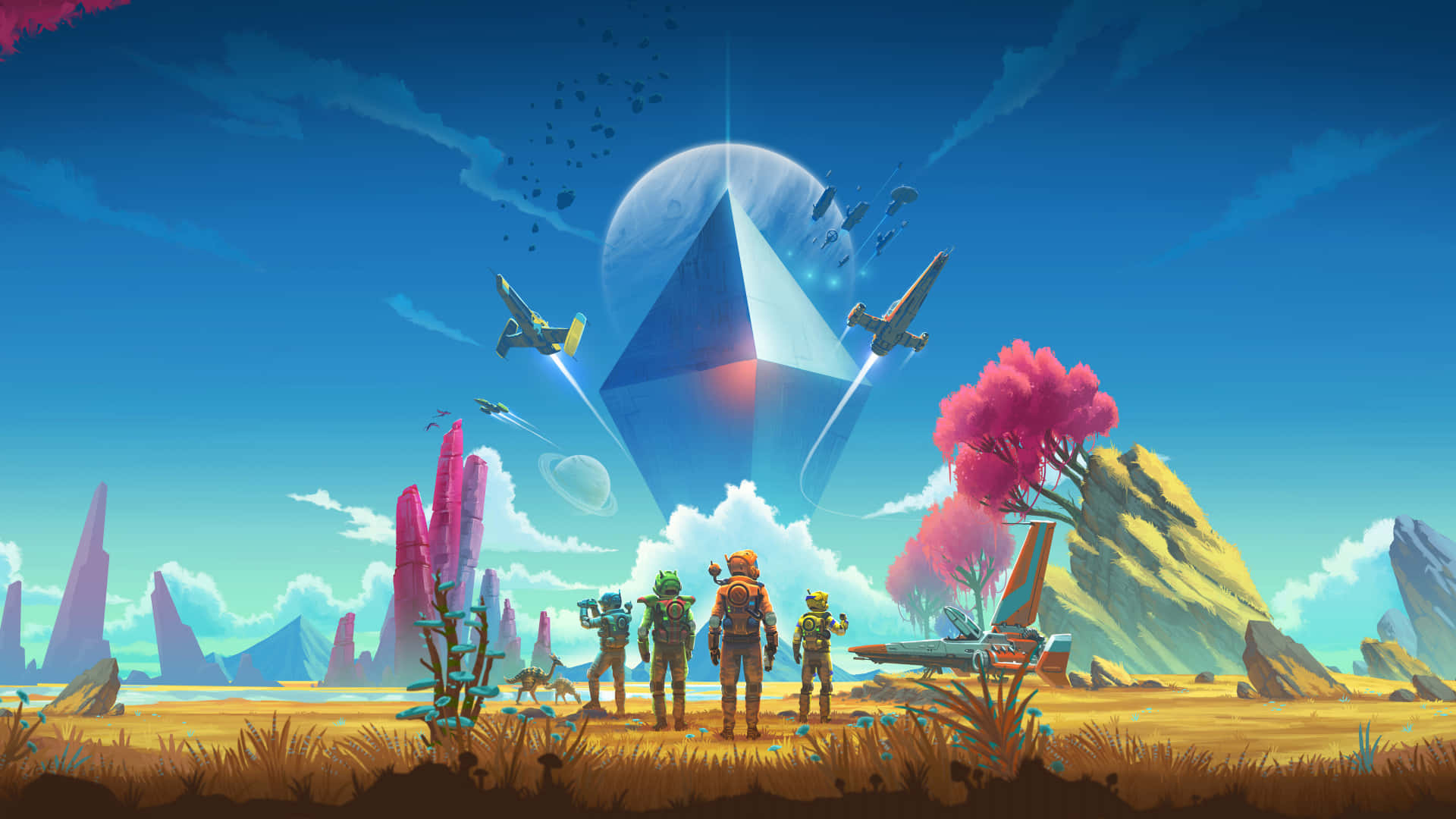 Survival Game 桌布 壁紙 — 四位冒險家站在一個巨大的發光金字塔前，驚嘆於一個超現實的外星景觀，其中有飛船和粉紅色的樹木。