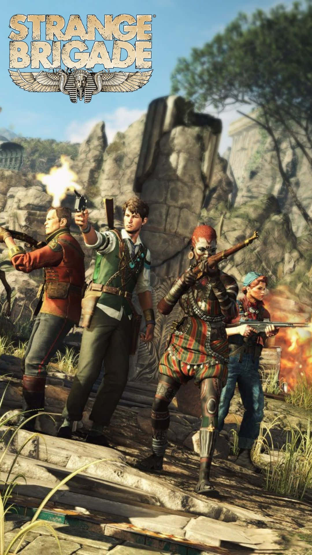 Android Strange Brigade 桌布 壁紙 — 四位冒險者身著各式裝備，在明亮的日光下於古老石造遺跡中開火。