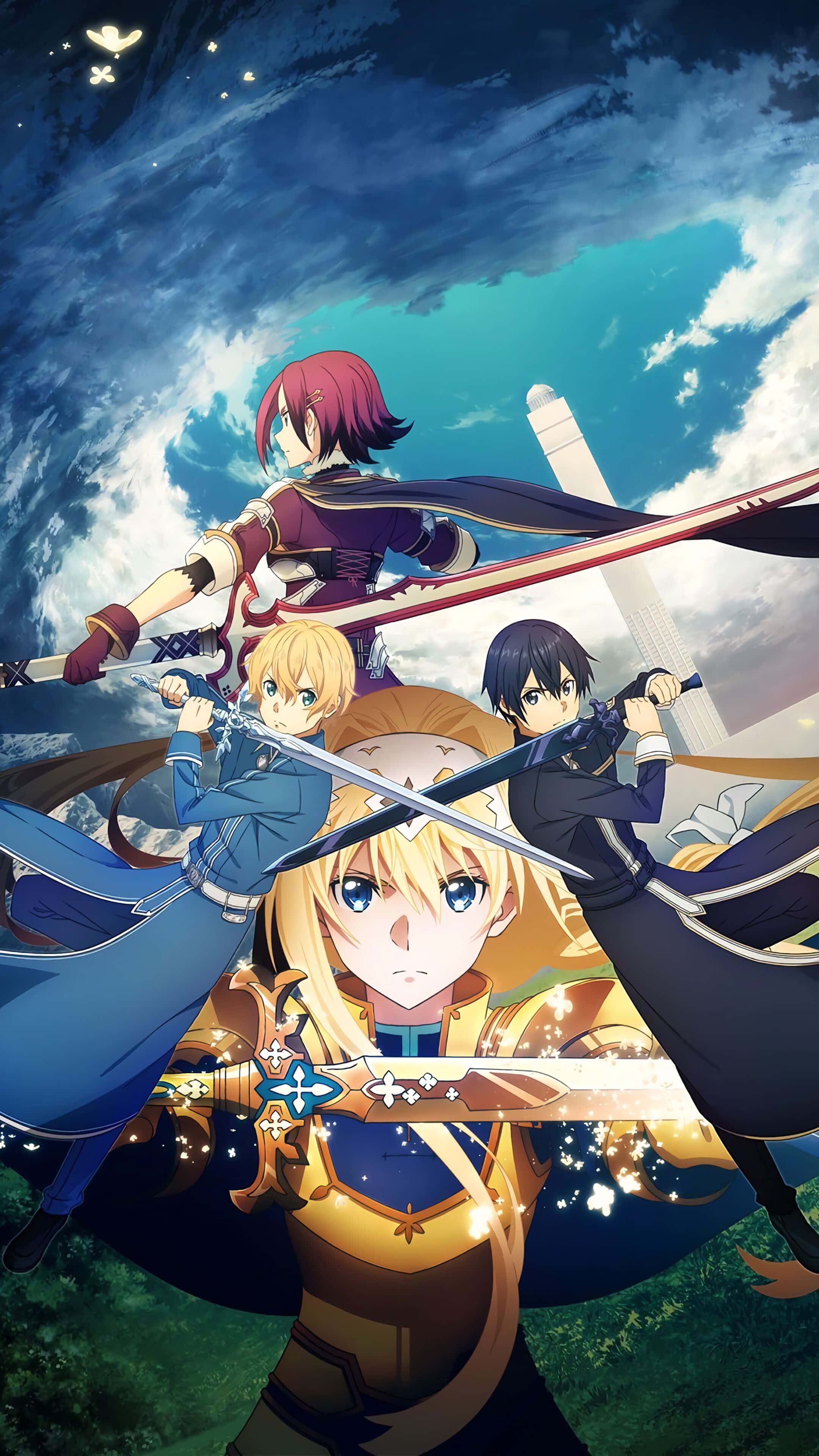 Yuuki Asuna 桌布 壁紙 — 四位動漫戰士以動態姿勢揮劍交鋒，背景是戲劇性的天空，有旋轉的雲朵和發光的粒子。