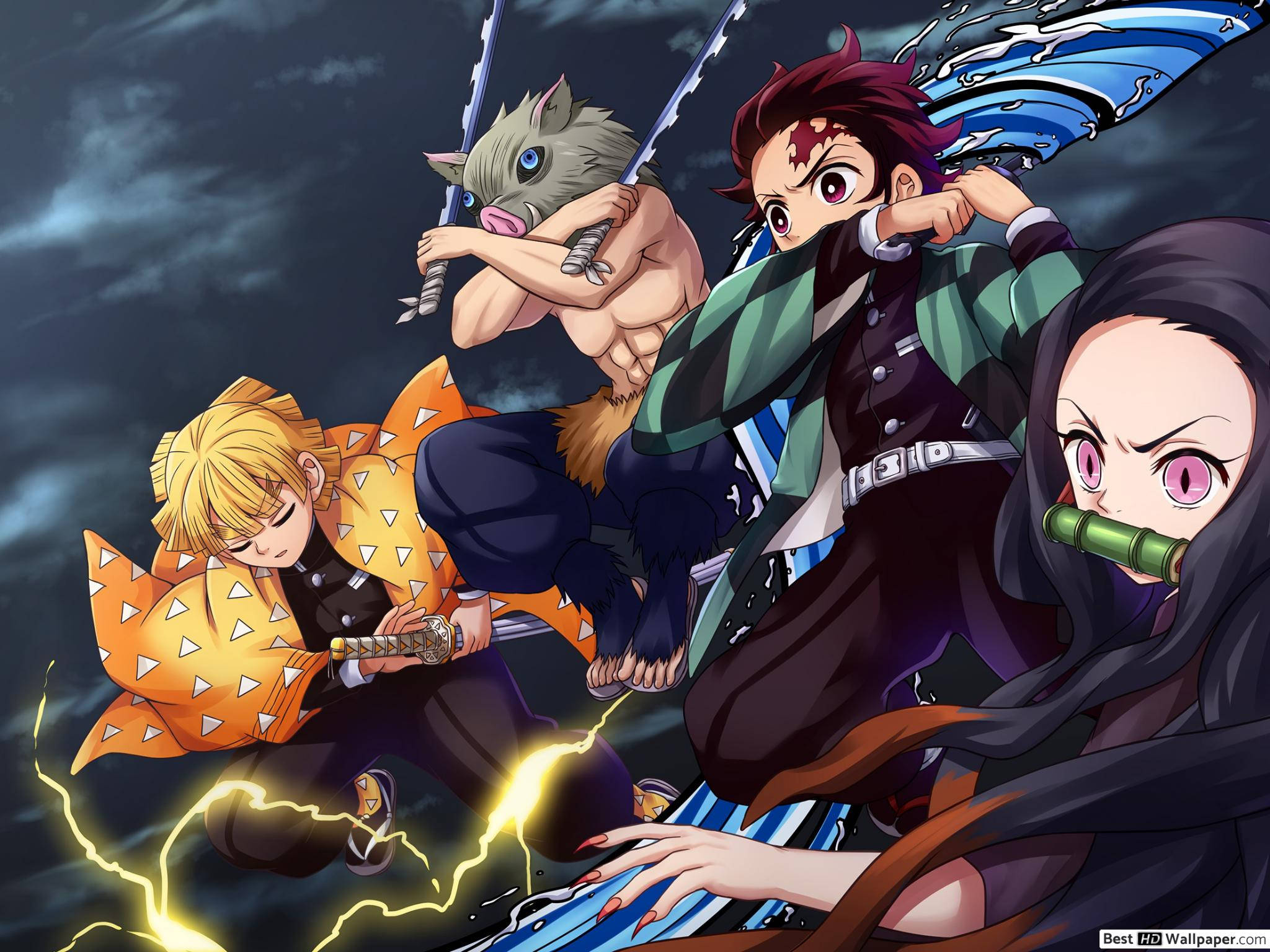 Zenitsu and Friends Vanquishing a Monstrous Threat 壁紙 — 四位動漫戰士以動態戰鬥姿勢，手持劍並帶有超自然效果，背景是暴風雨的天空。