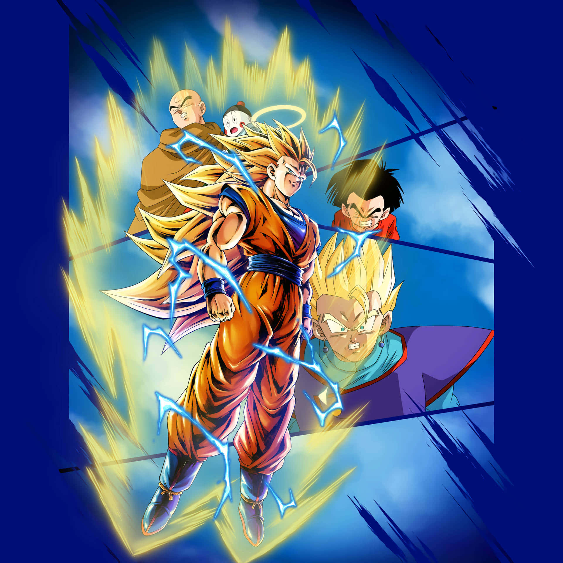 Ssj3 桌布 壁紙 — 四位動漫戰士以超級賽亞人形態，在動態的藍黃背景前釋放電能。
