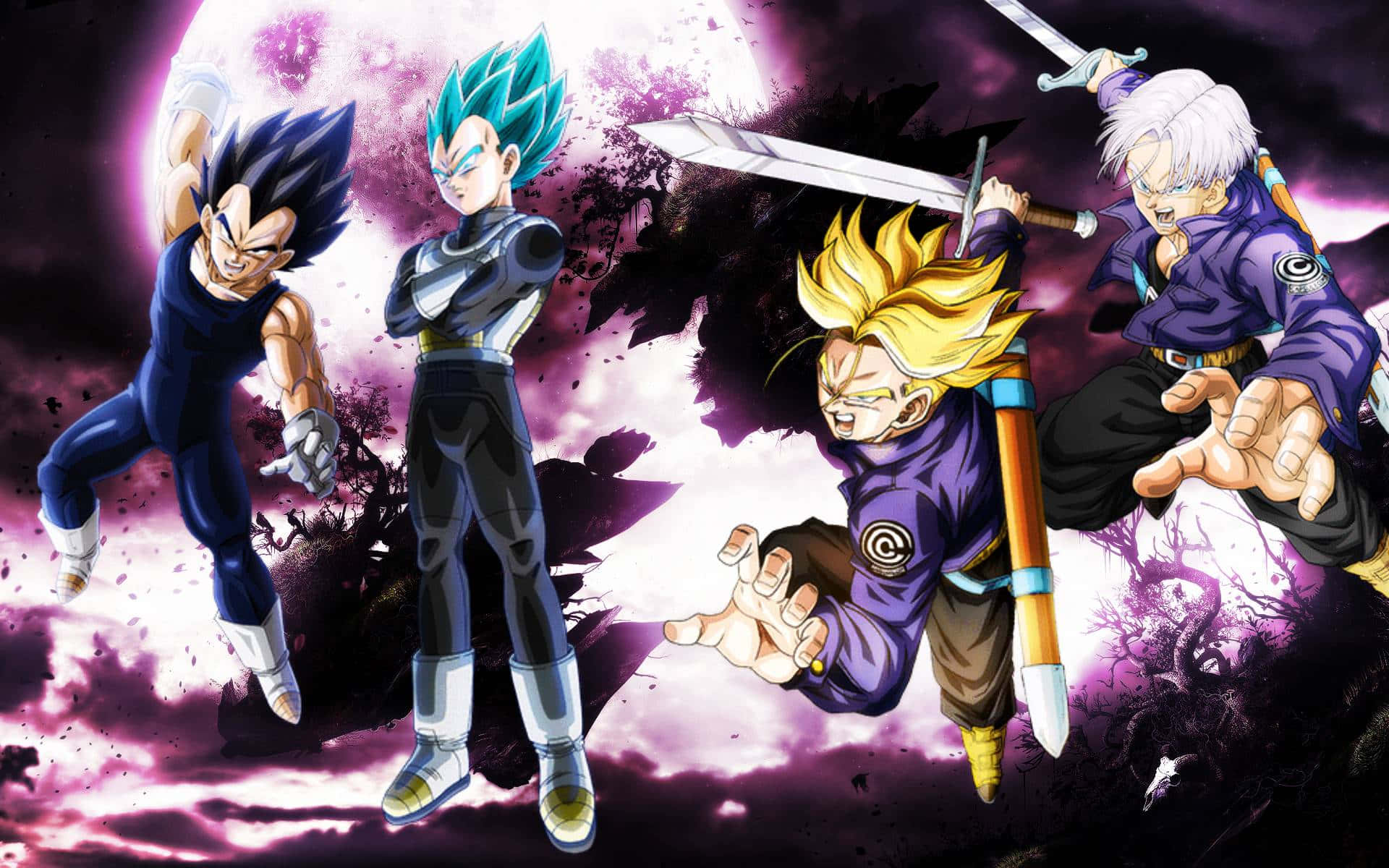 Vegeta And Trunks 桌布 壁紙 — 四位動漫戰士在帶有發光月亮的宇宙紫色和黑色背景上擺出動態戰鬥姿勢。