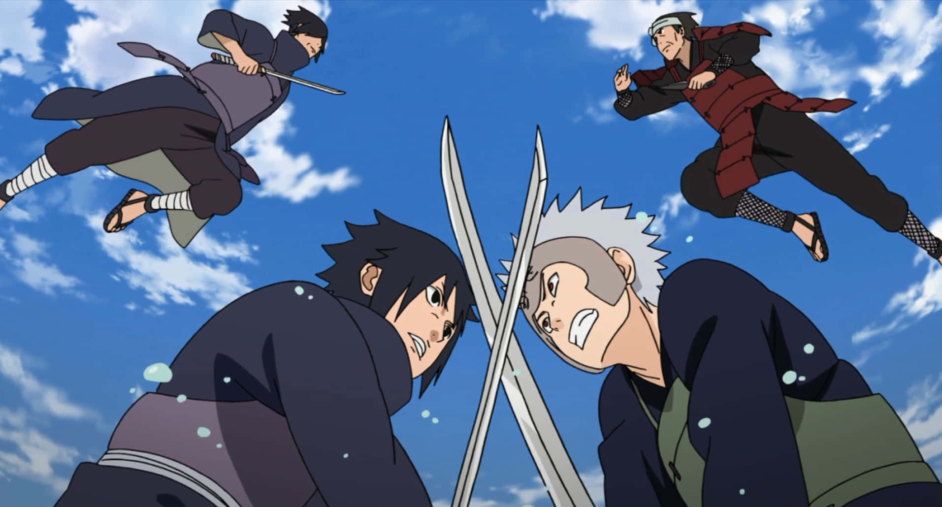 Izuna Uchiha 桌布 壁紙 — 四位動漫戰士在藍天白雲的半空中交鋒，刀劍交錯，戰鬥激烈。