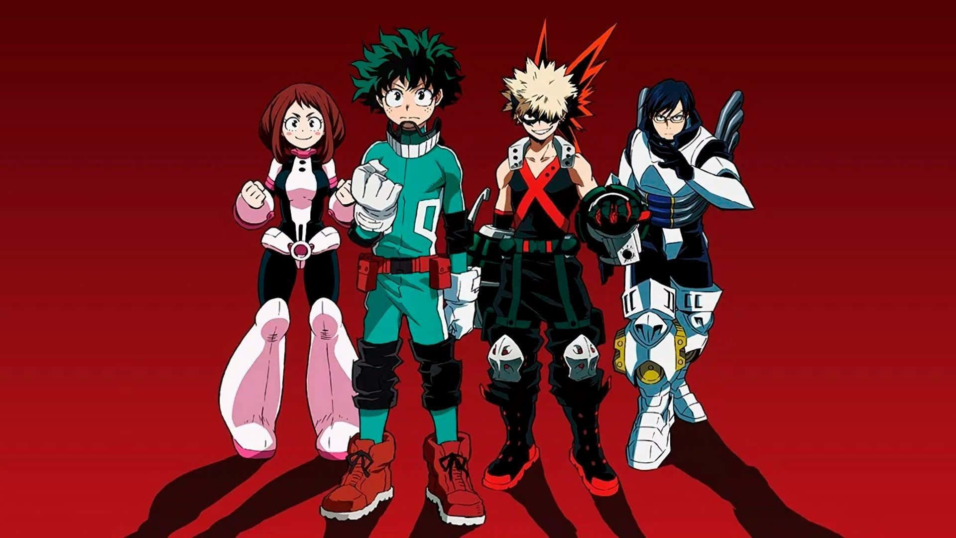 My Hero Academia Aesthetic 桌布 壁紙 — 四位動漫英雄以動態姿勢自信地站在大膽的紅色漸變背景前。