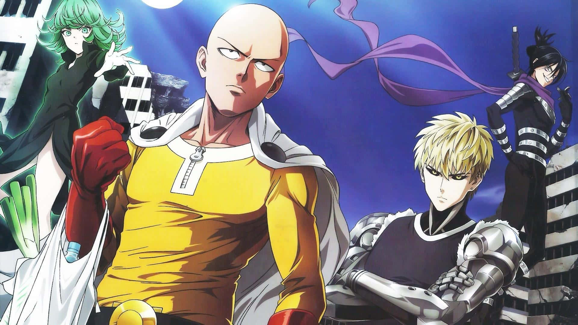 Genos 桌布 壁紙 — 四位動漫英雄英勇地站在戲劇性的藍天下，背後有發光的月亮和城市廢墟。