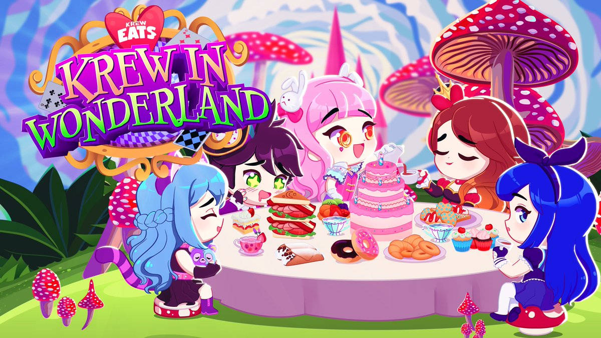 The Krew Cartoon 壁紙 — 四位動漫風格嘅女仔，頭髮色彩繽紛，圍住一張擺滿蛋糕同零食嘅枱，喺一個充滿蘑菇嘅夢幻仙境入面。