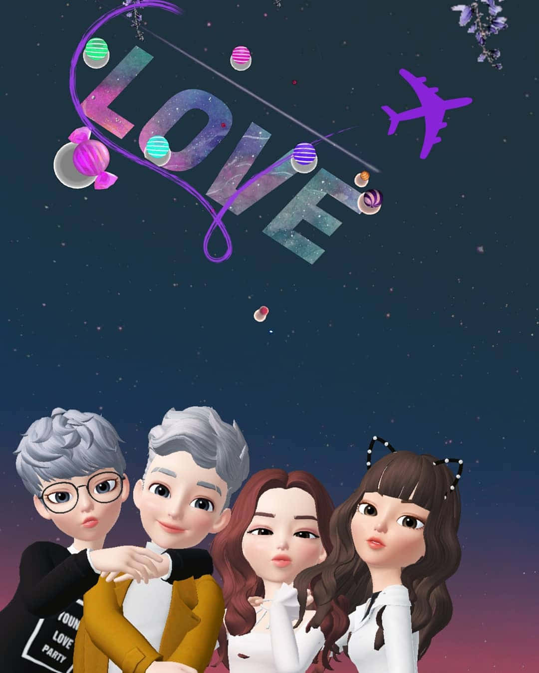 Zepeto 桌布 壁紙 — 四位動漫風格的朋友在星空下擺姿勢，上方有發光的「LOVE」標誌和紫色飛機飛過。