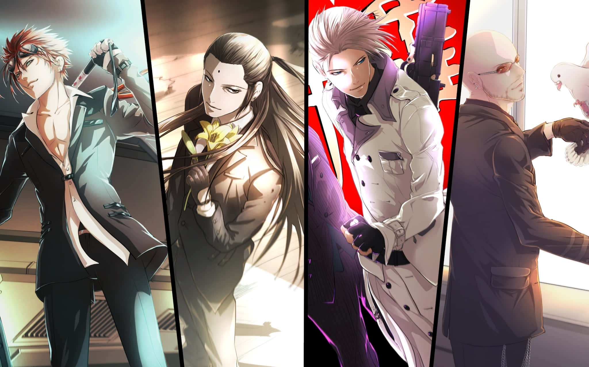 Final Fantasy Characters 桌布 壁紙 — 四位動畫男性穿著時尚西裝，各自手持武器或一隻鴿子，背景為戲劇性燈光和鮮明背景。