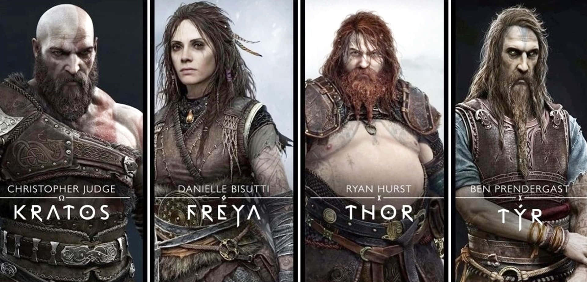 God Of War Characters 桌布 壁紙 — 四位北歐神話中的神祇，身穿精細盔甲，表情強烈，背景黑暗。
