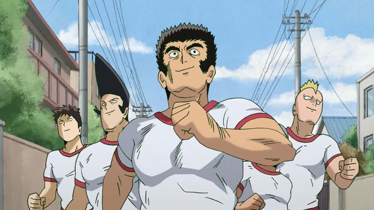 Musashi Goda 桌布 壁紙 — 四位堅定的動漫運動員身穿白色球衣，在陽光普照的都市街道上奔跑，背景有電線和建築物。