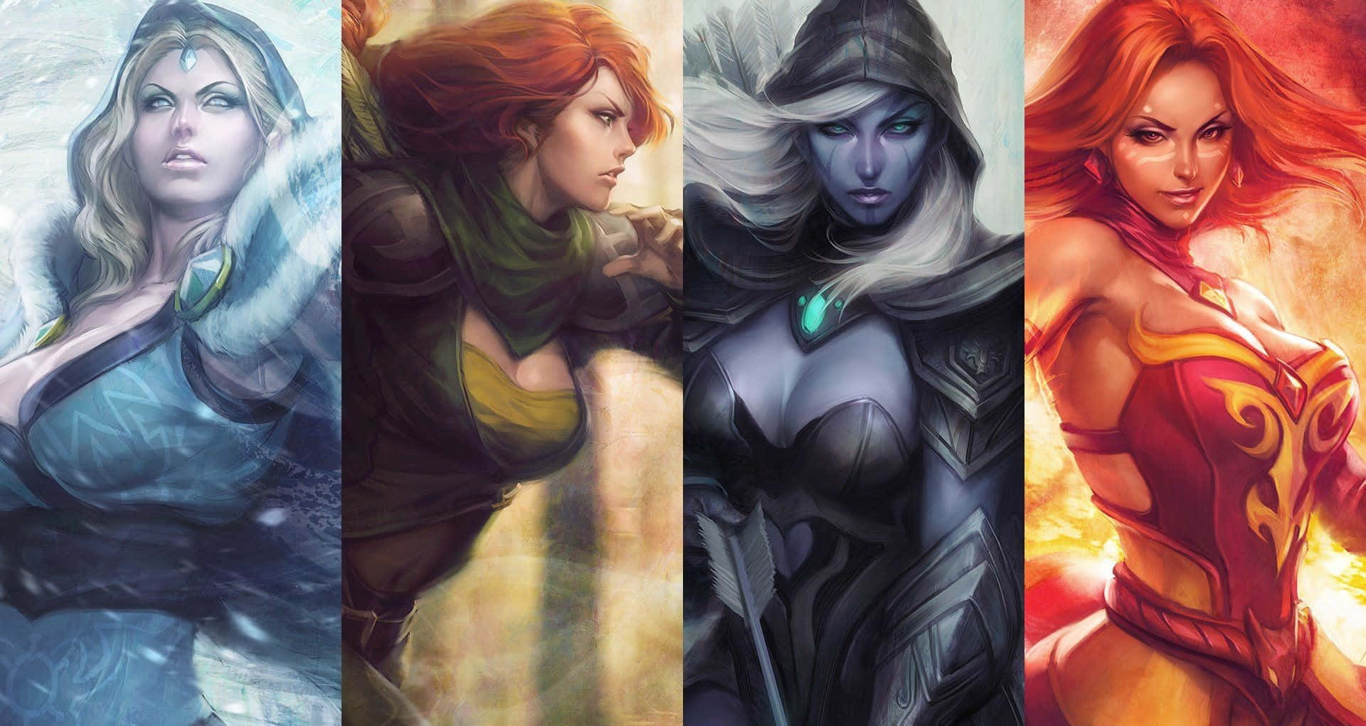 Windranger 桌布 壁紙 — 四位奇幻女主角以動感姿勢展現力量，透過鮮豔的色彩組合和精細的盔甲設計。