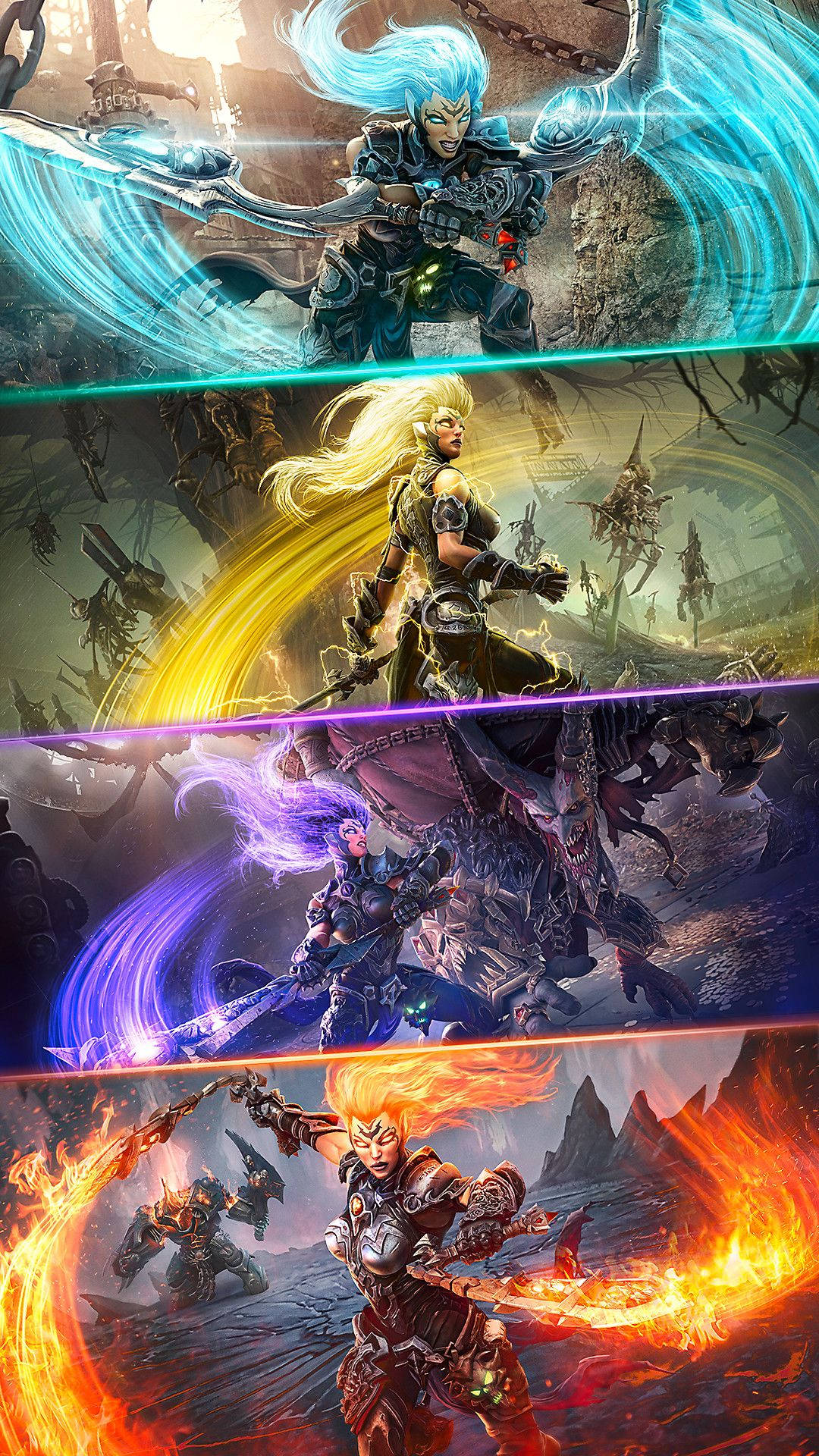 遊戲 桌布 壁紙 — 四位奇幻戰士在充滿活力、動作感十足的畫面中釋放元素力量，配以發光劍和戲劇性背景。