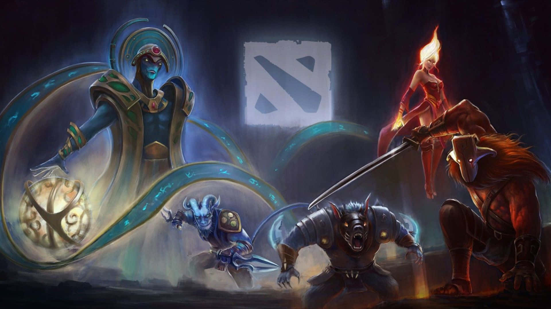 Dota 2 Heroes 桌布 壁紙 — 四位奇幻英雄以動態姿勢展現，伴隨發光魔法和黑暗氛圍燈光。