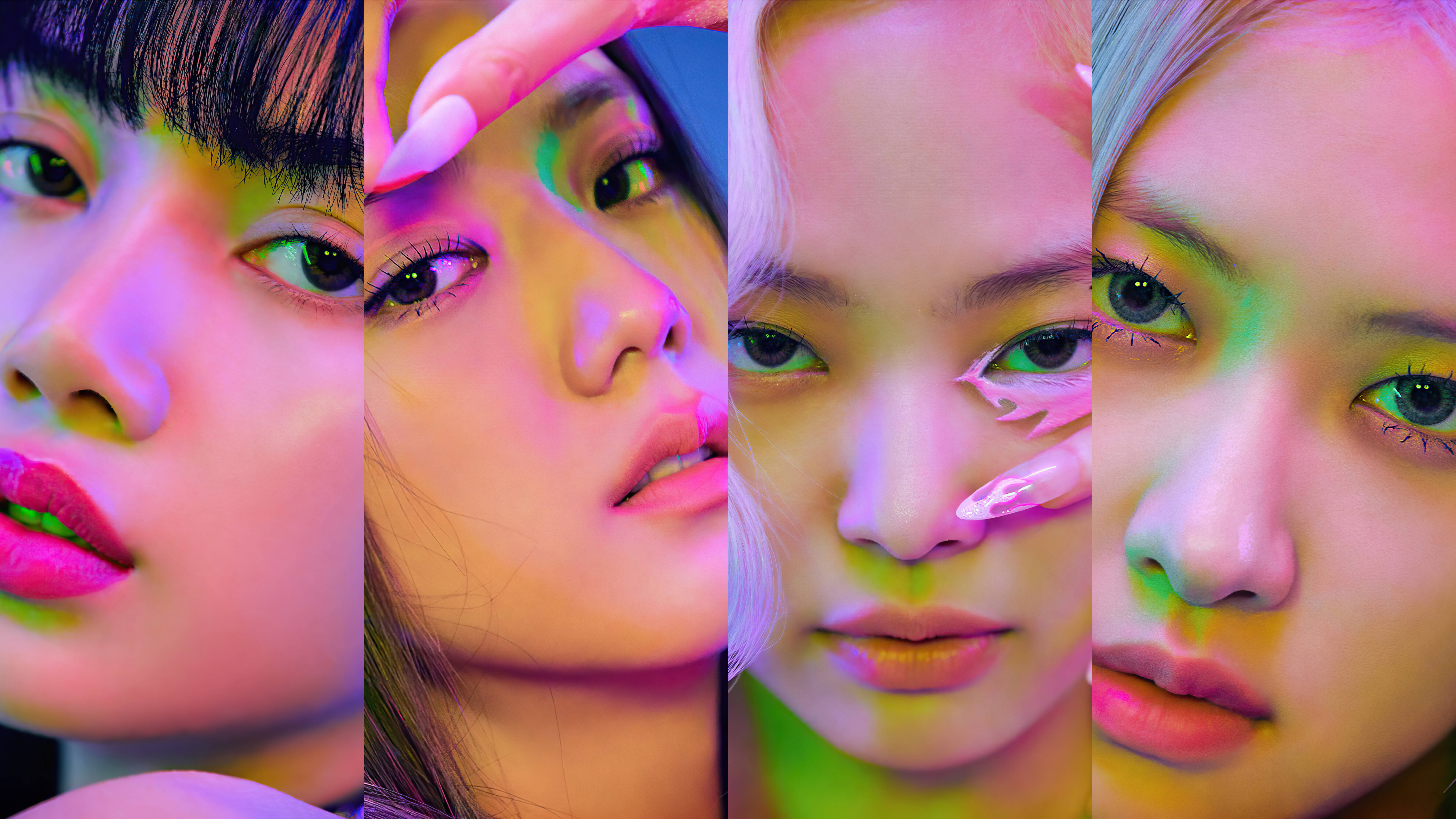 BLACKPINK Lisa Jisoo Jennie Rose 壁紙 — 四位女性嘅close-up肖像，帶有發光嘅霓虹妝容同鮮豔嘅粉紅綠色燈光。