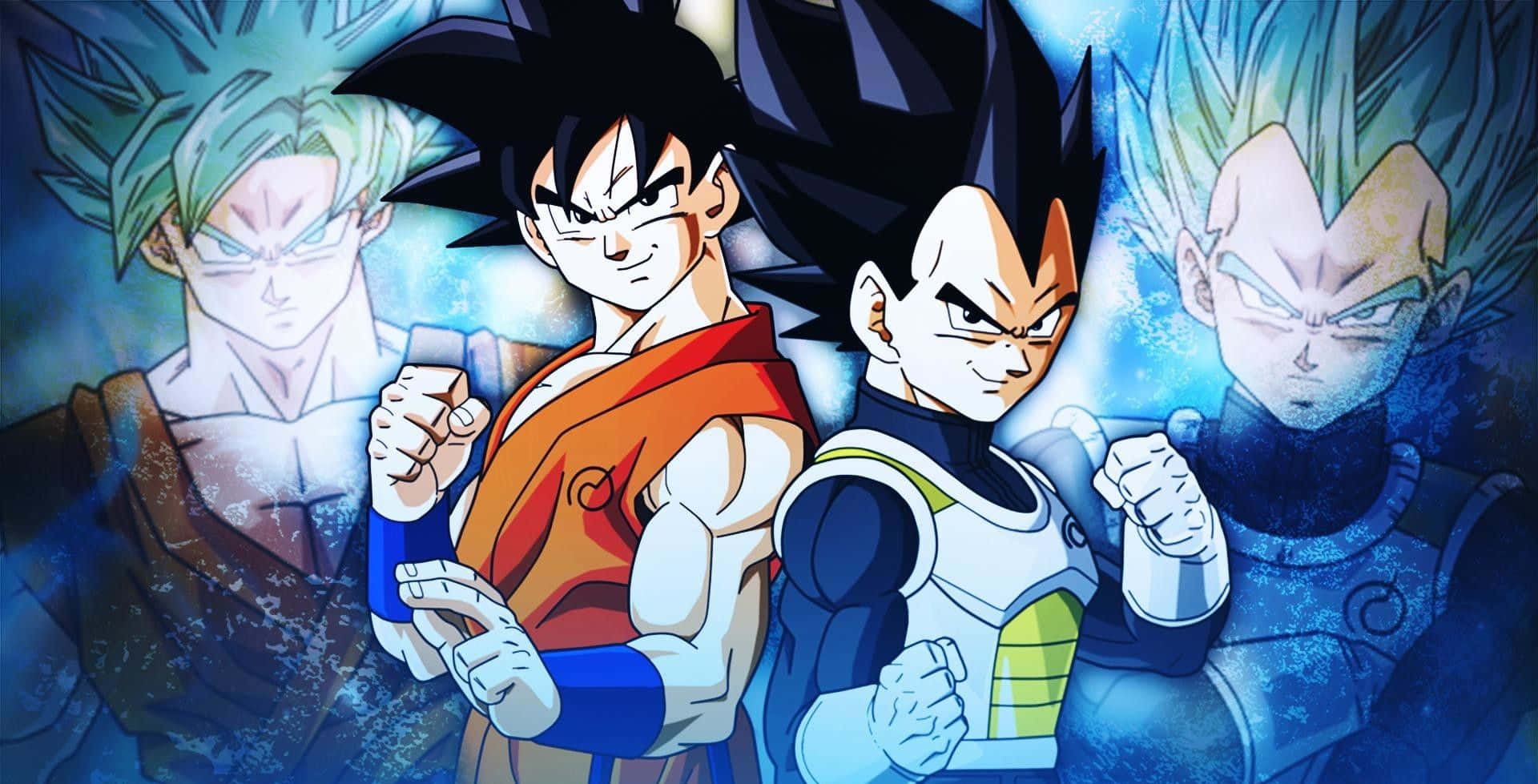 Vegeta And Goku 桌布 壁紙 — 四位強大的動漫戰士以動態姿勢站在發光的藍色能量背景前。