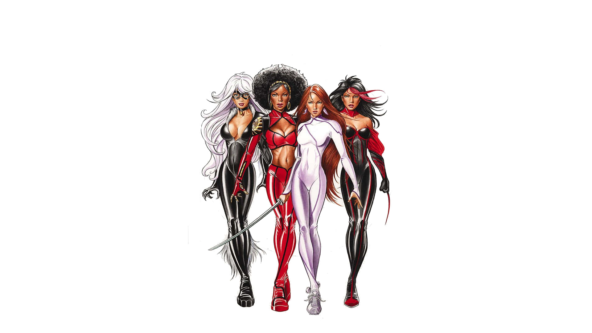 Heroes For Hire 桌布 壁紙 — 四位強大的女性超級英雄，身穿大膽的紅、黑、白色服裝，自信地站在純白色背景前。