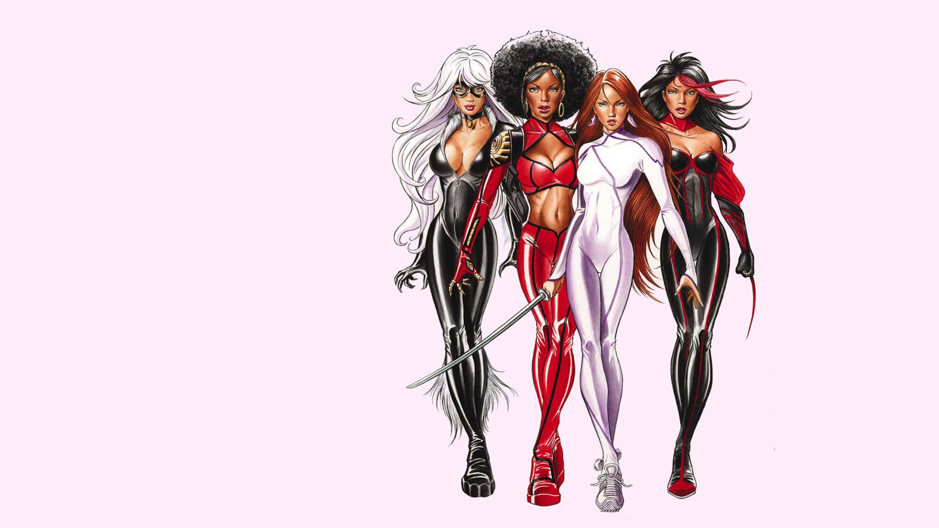 Heroes For Hire 桌布 壁紙 — 四位強大的女性超級英雄，身穿大膽的紅、黑、白色服裝，自信地站在柔和的粉紅色背景前。