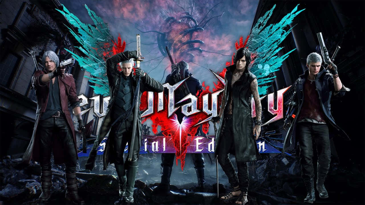 Devil May Cry Characters 桌布 壁紙 — 四位惡魔獵人站在廢墟城市景觀中，手持槍械和劍，在暴風雨的天空下展開發光的翅膀。