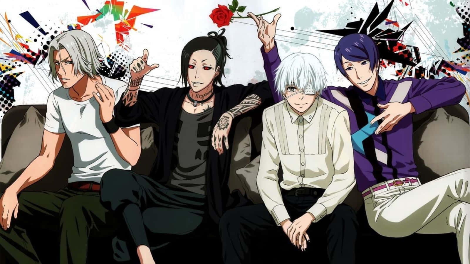 Shuu Tsukiyama 桌布 壁紙 — 四位擁有不同髮型和紋身的動漫男性，在帶有紅玫瑰的塗鴉風格背景前自信地坐在沙發上擺姿勢。