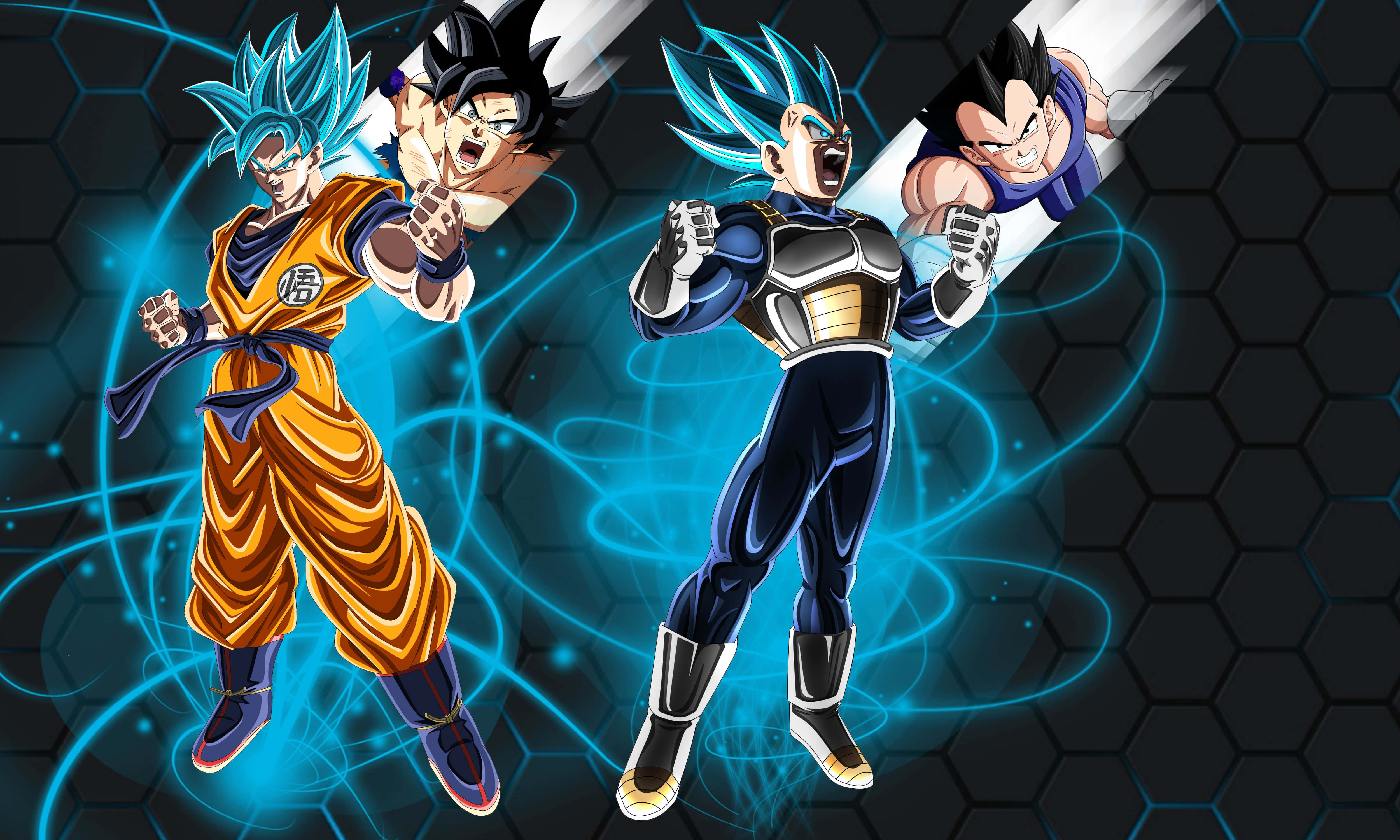 Vegeta Art 桌布 壁紙 — 四位擁有藍色尖刺頭髮和發光能量光環的動漫戰士，在深色六邊形背景前動態擺姿勢。