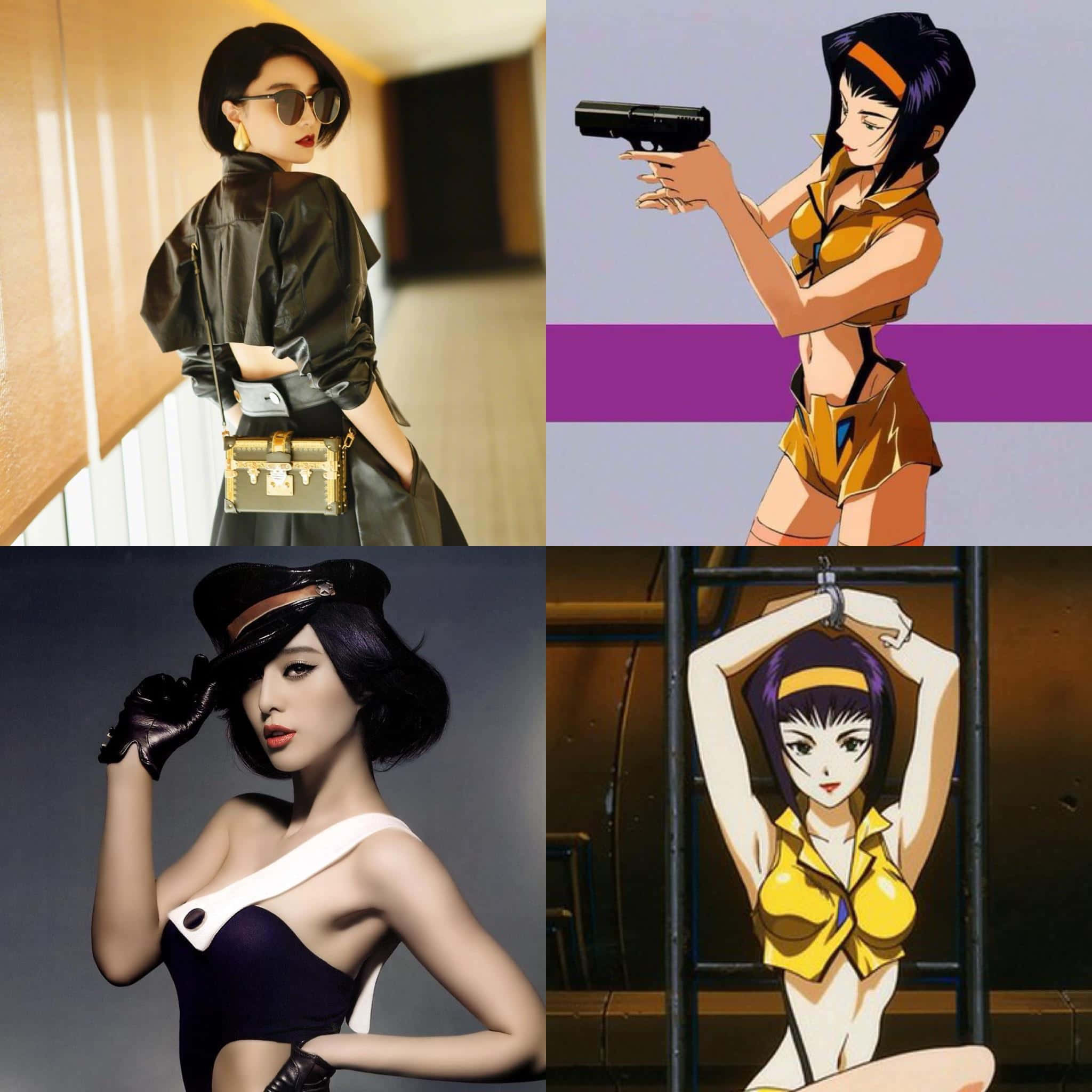 Faye Valentine 桌布 壁紙 — 四位時尚女性的拼貼：一位真實女性穿著黑色皮革和太陽眼鏡，一位動漫女性穿著黃色衣服手持槍支，一位穿著黑白服裝戴帽子的女性，以及一位穿著黃色衣服掛在鉤子上的動漫女性