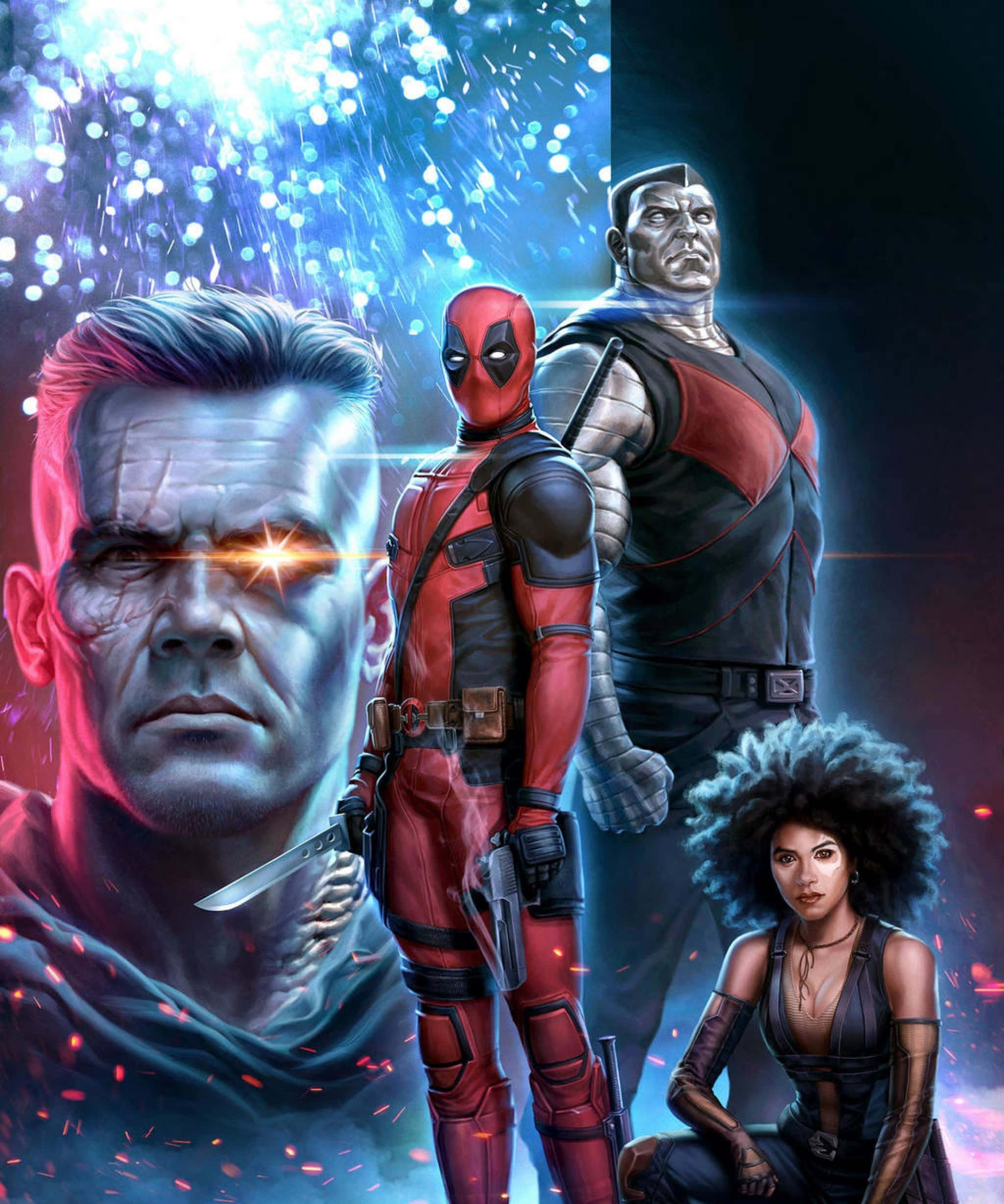 Deadpool And Domino 桌布 壁紙 — 四位漫畫英雄以動感姿態站立，背景是藍色火花和發光粒子的宇宙場景。