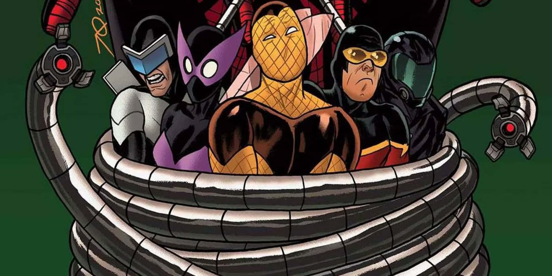 Supervillain Team-up 桌布 壁紙 — 四位漫畫英雄被困在一個巨大的機械蜘蛛網中，背景為深綠色。