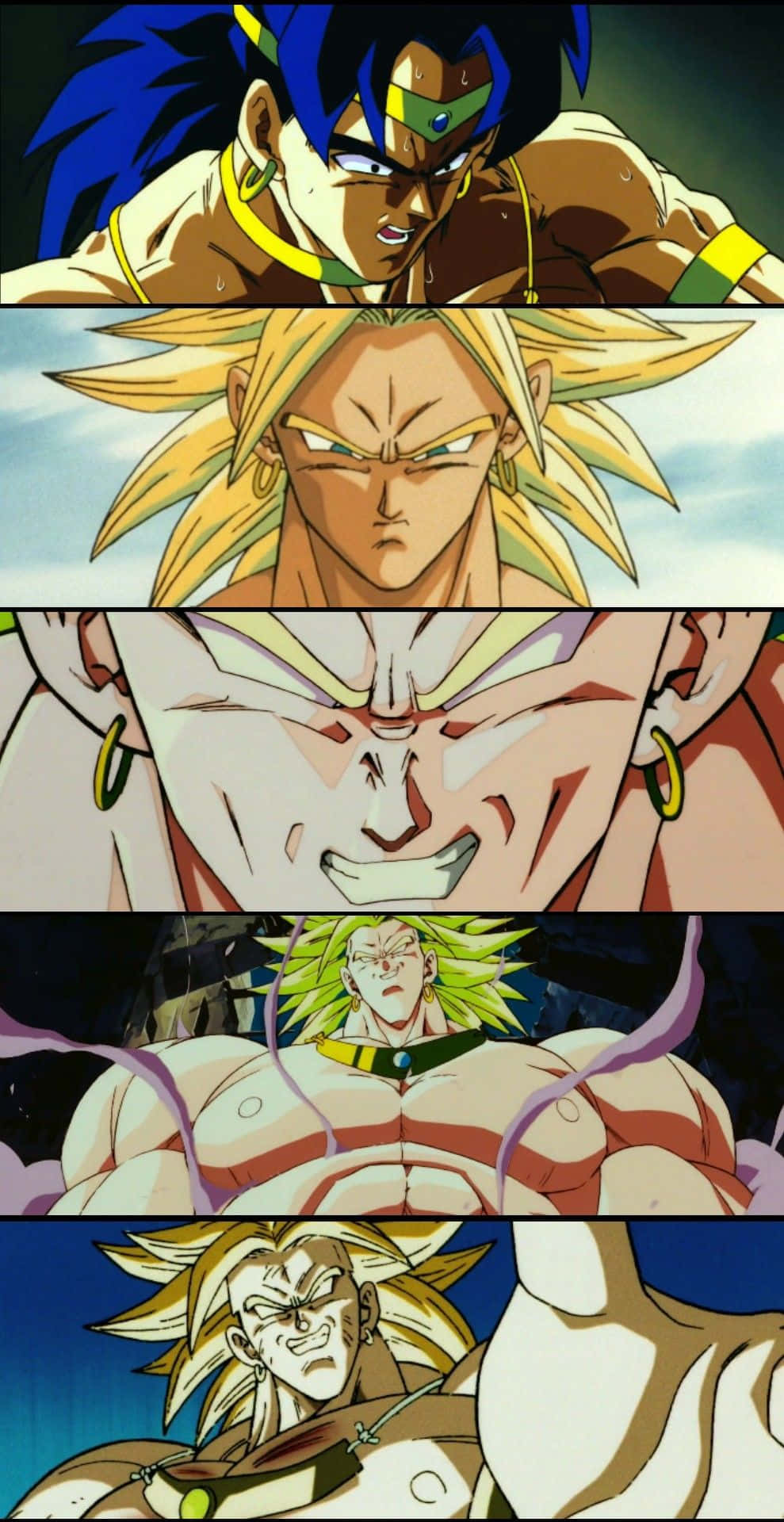Dbz Movies 桌布 壁紙 — 四位激烈的動漫戰士，擁有尖刺頭髮和肌肉發達的身材，在垂直面板序列中兇狠地凝視。